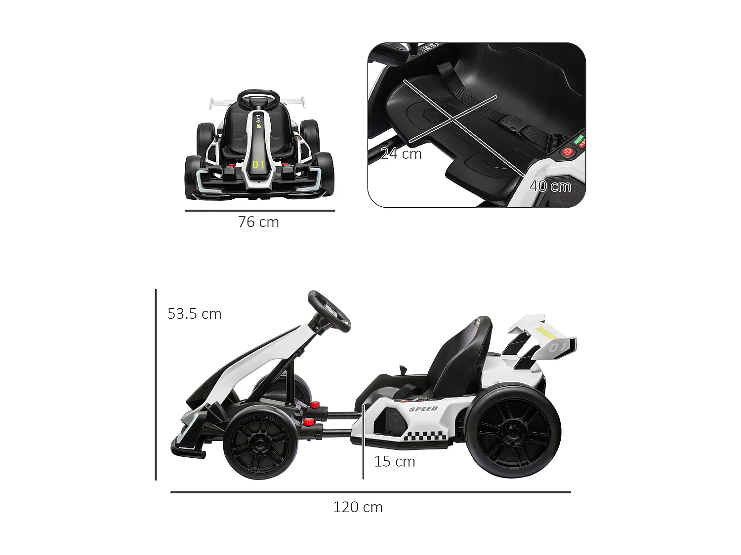 Go kart elettrico per bambini con seggiolino regolabile bianco