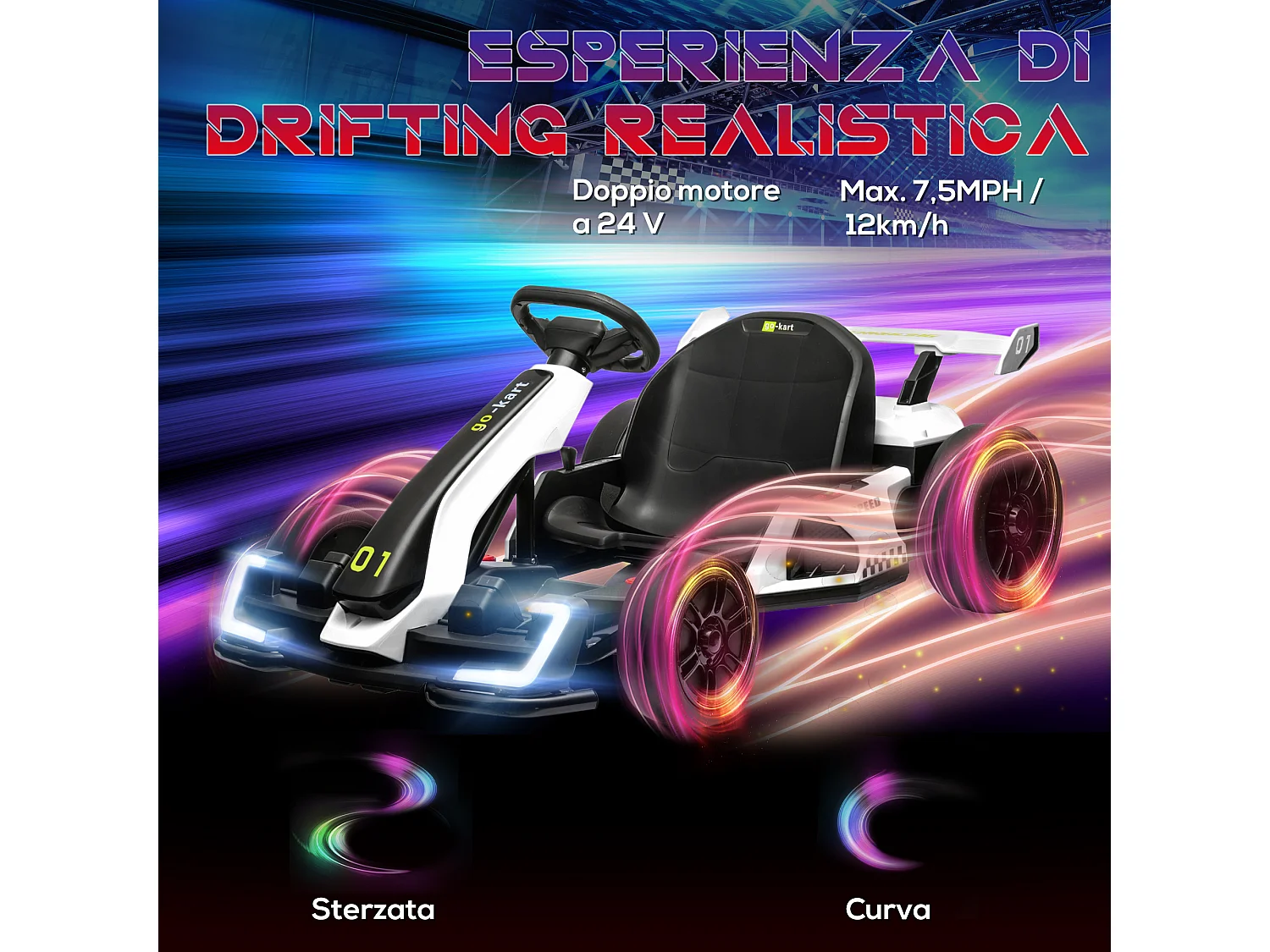 Go kart elettrico per bambini con seggiolino regolabile bianco