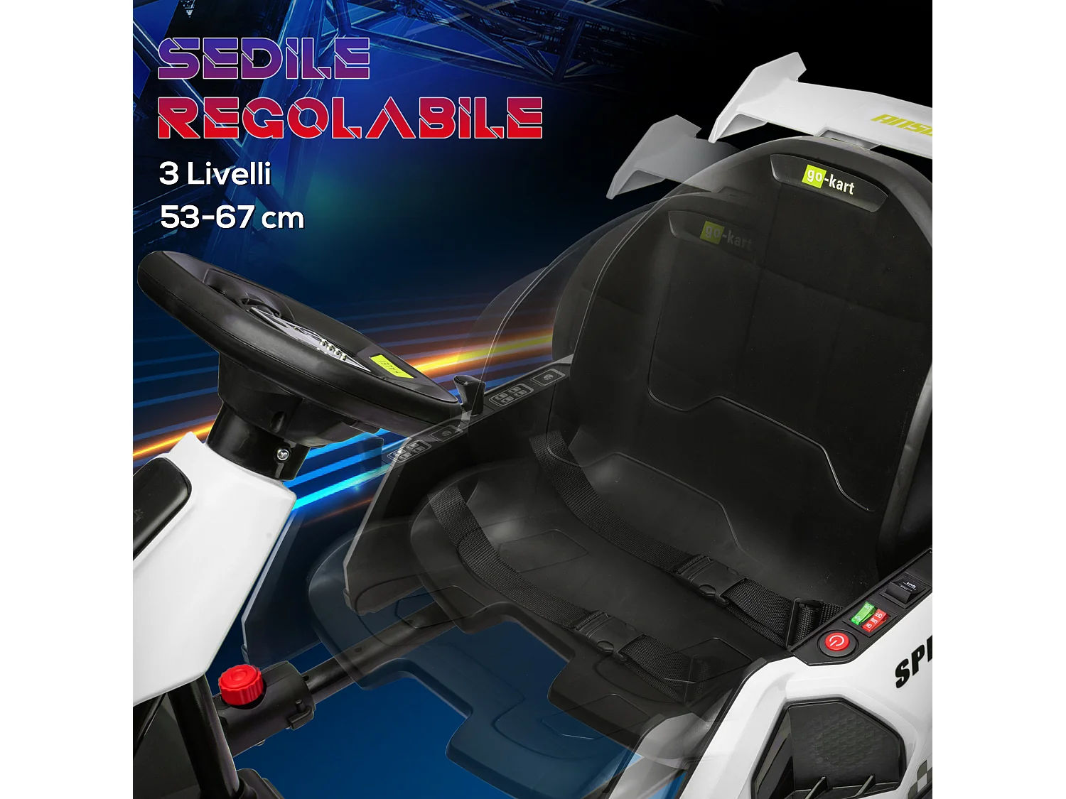 Go kart elettrico per bambini con seggiolino regolabile bianco