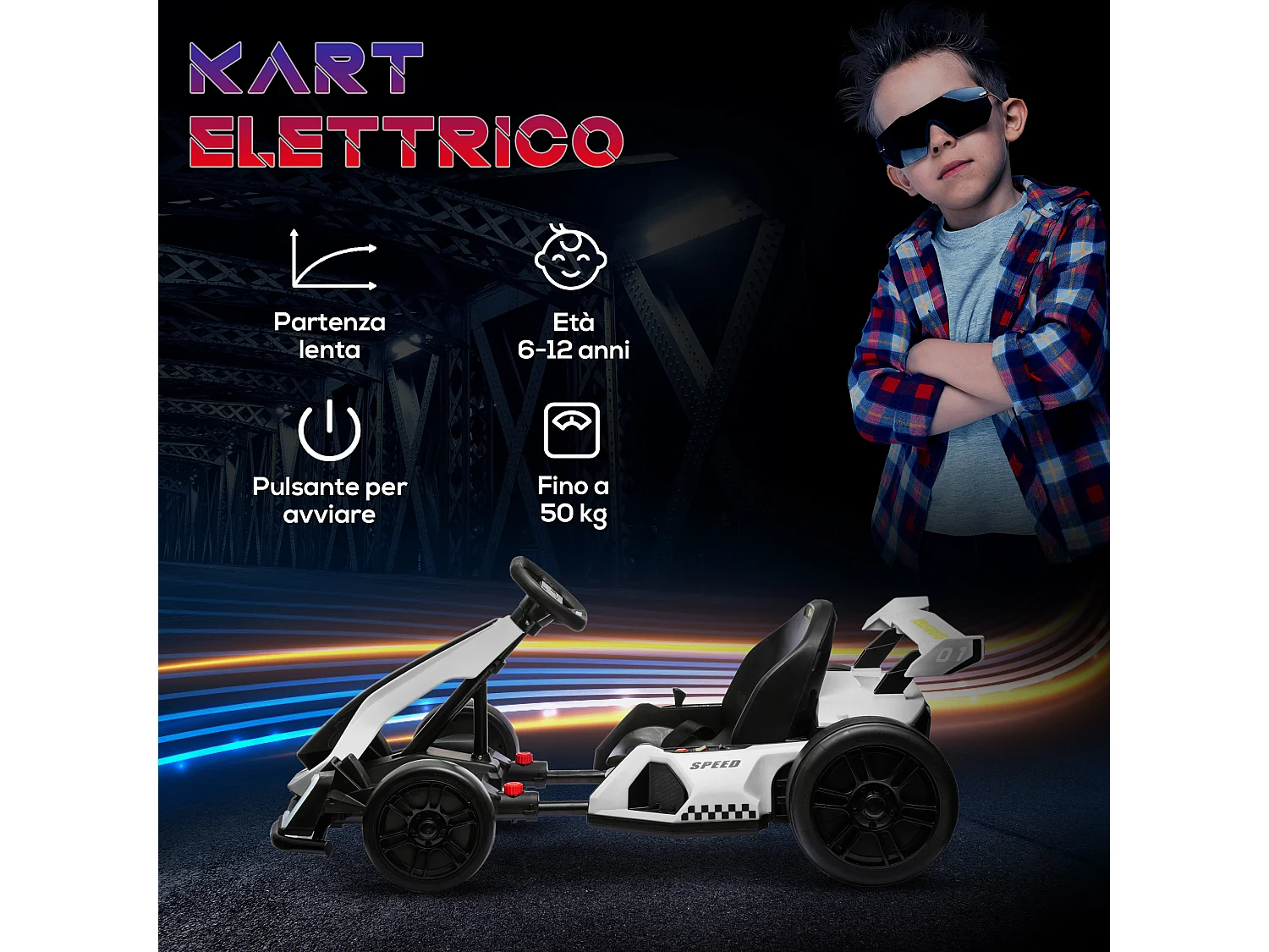 Go kart elettrico per bambini con seggiolino regolabile bianco