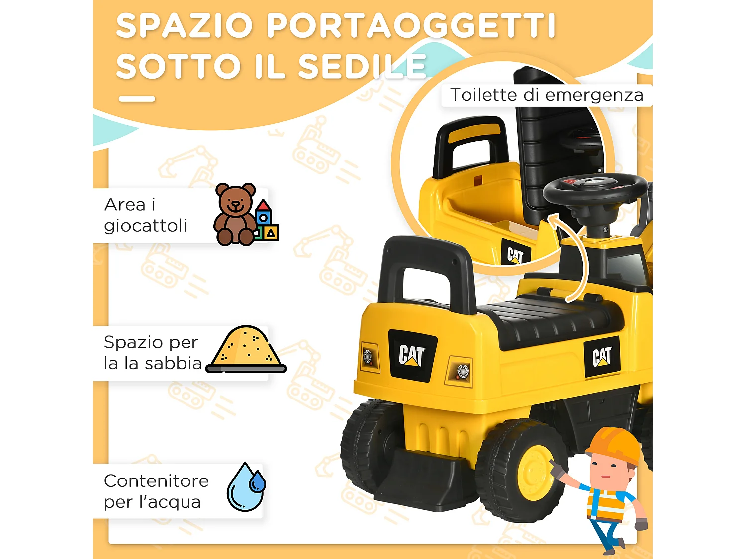 Ruspa giocattolo età 18 e 36 mesi con escavatore e vano a scomparsa