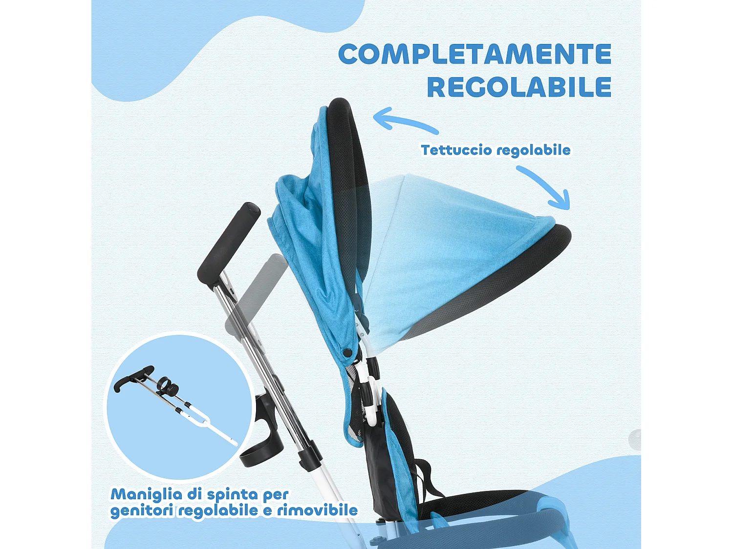 Triciclo passeggino con maniglione e tettuccio regolabile blu