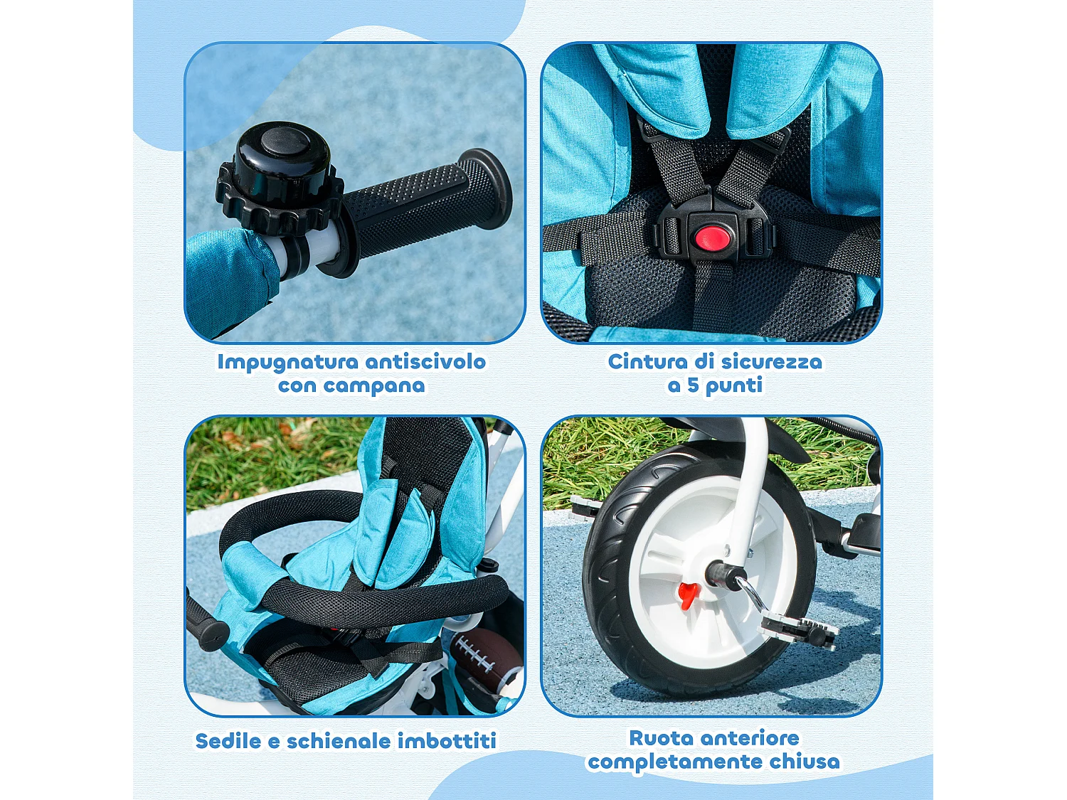 Triciclo passeggino con maniglione e tettuccio regolabile blu