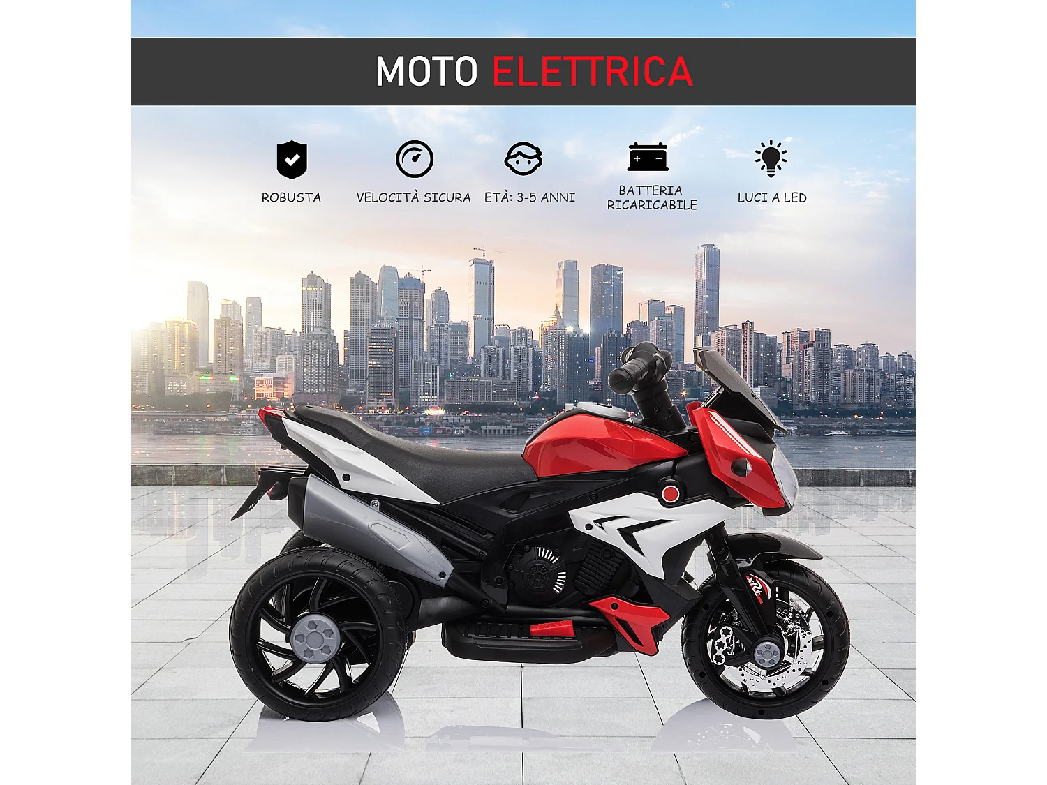 Moto elettrica bimbi 3-5 anni batteria 6v velocità 3km/h rossa