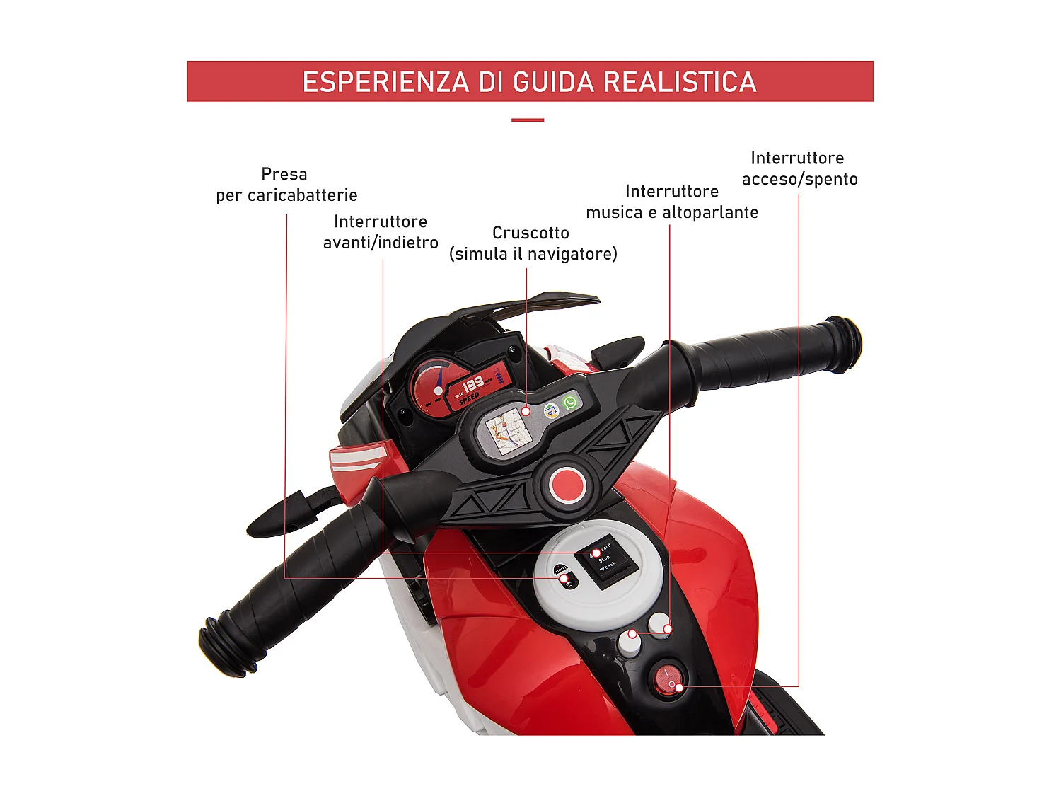 Moto elettrica bimbi 3-5 anni batteria 6v velocità 3km/h rossa