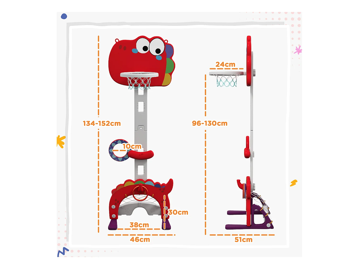 Canestro basket per bambini 3-6 anni 5 in 1 altezza regolabile rosso