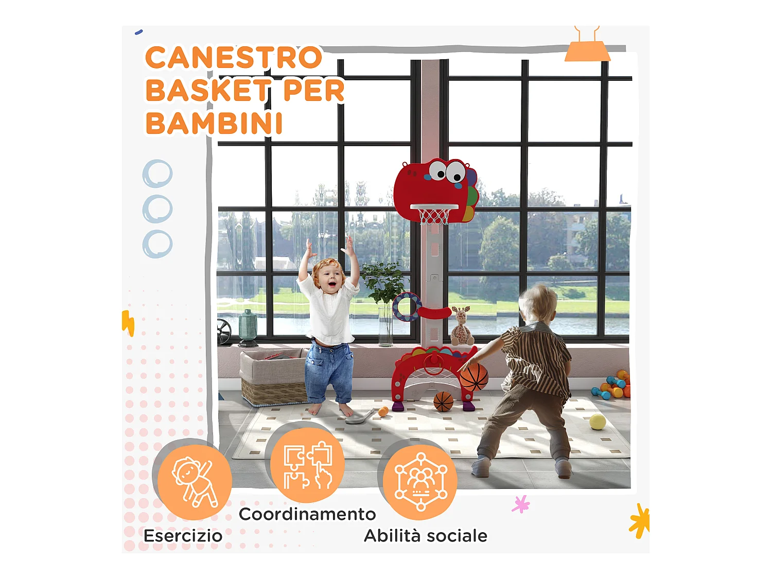 Canestro basket per bambini 3-6 anni 5 in 1 altezza regolabile rosso