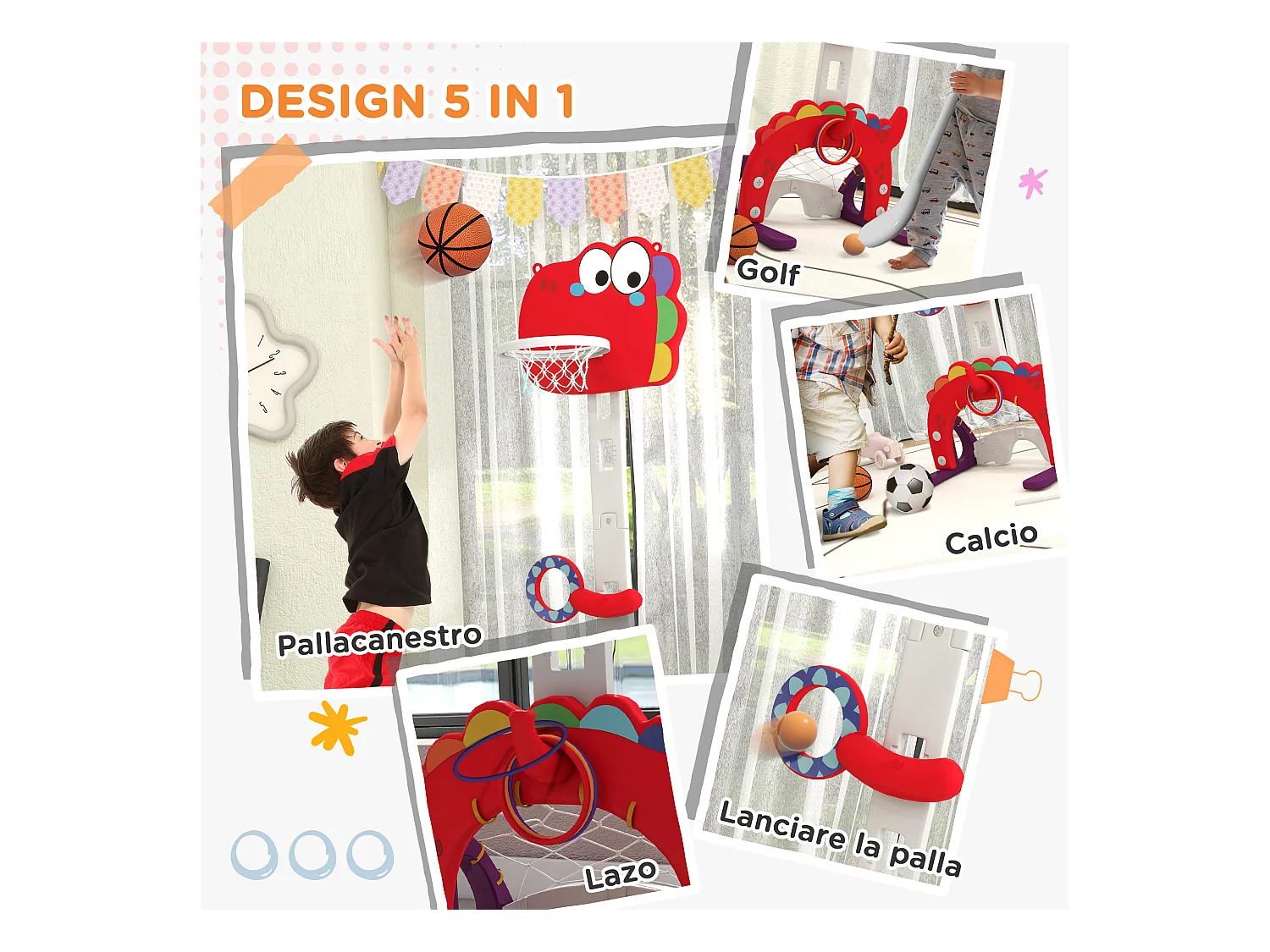 Canestro basket per bambini 3-6 anni 5 in 1 altezza regolabile rosso