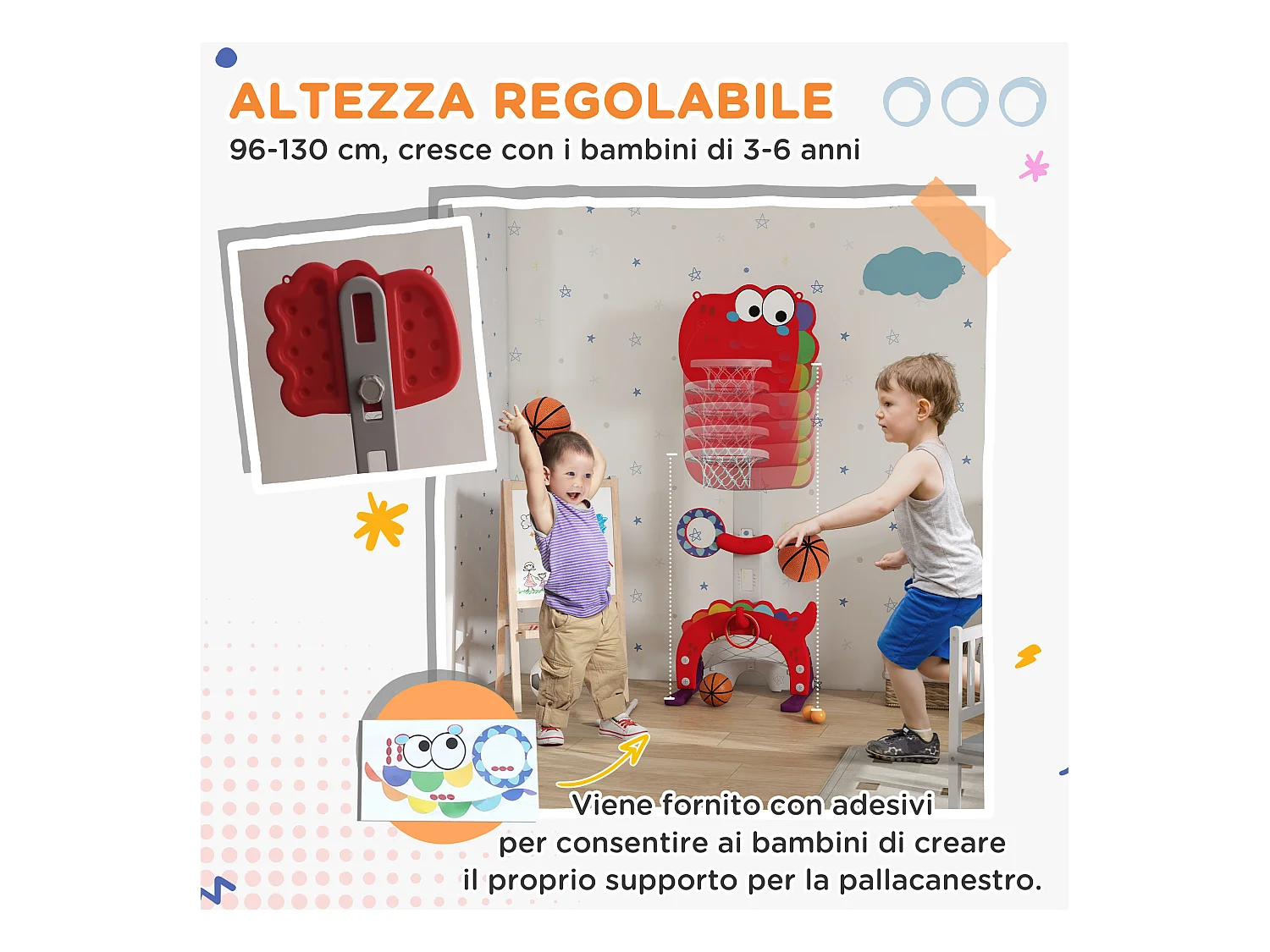 Canestro basket per bambini 3-6 anni 5 in 1 altezza regolabile rosso