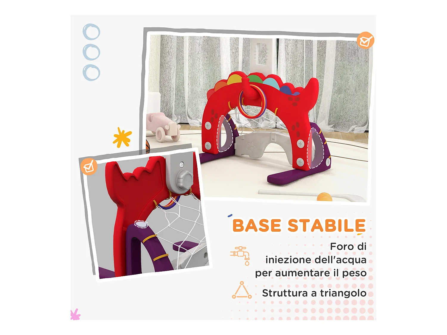 Canestro basket per bambini 3-6 anni 5 in 1 altezza regolabile rosso