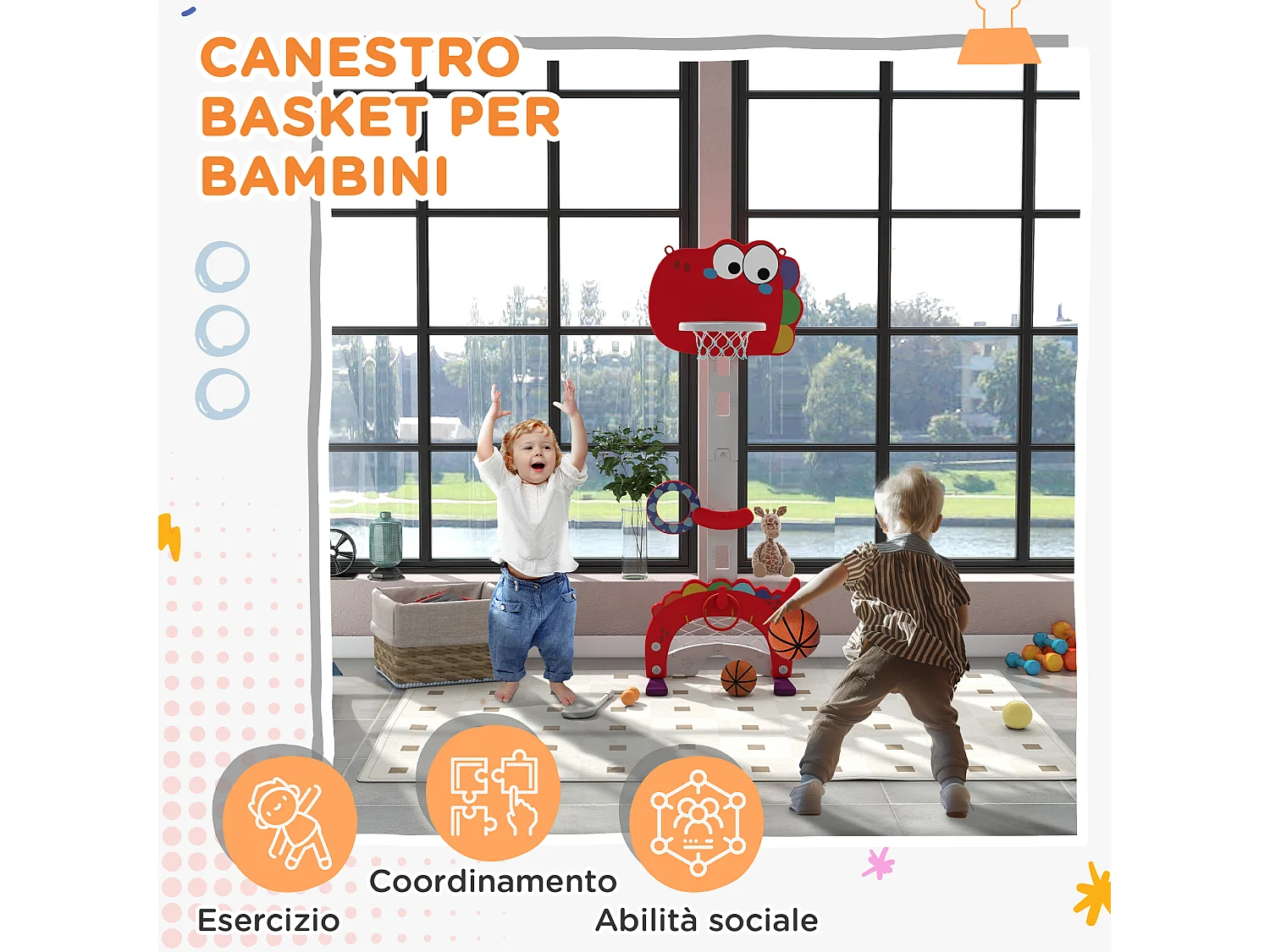 Canestro basket per bambini 3-6 anni 5 in 1 altezza regolabile rosso