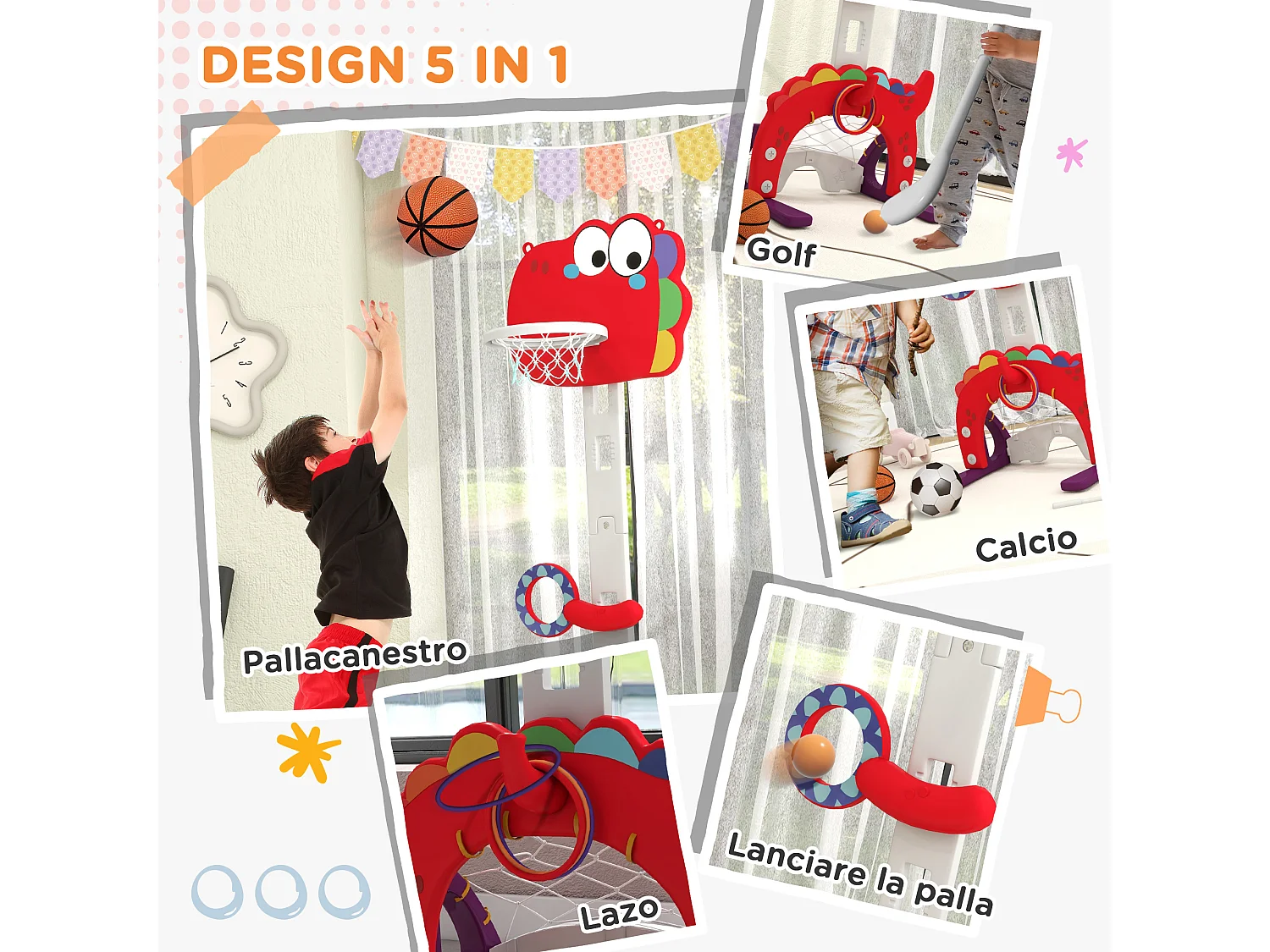 Canestro basket per bambini 3-6 anni 5 in 1 altezza regolabile rosso