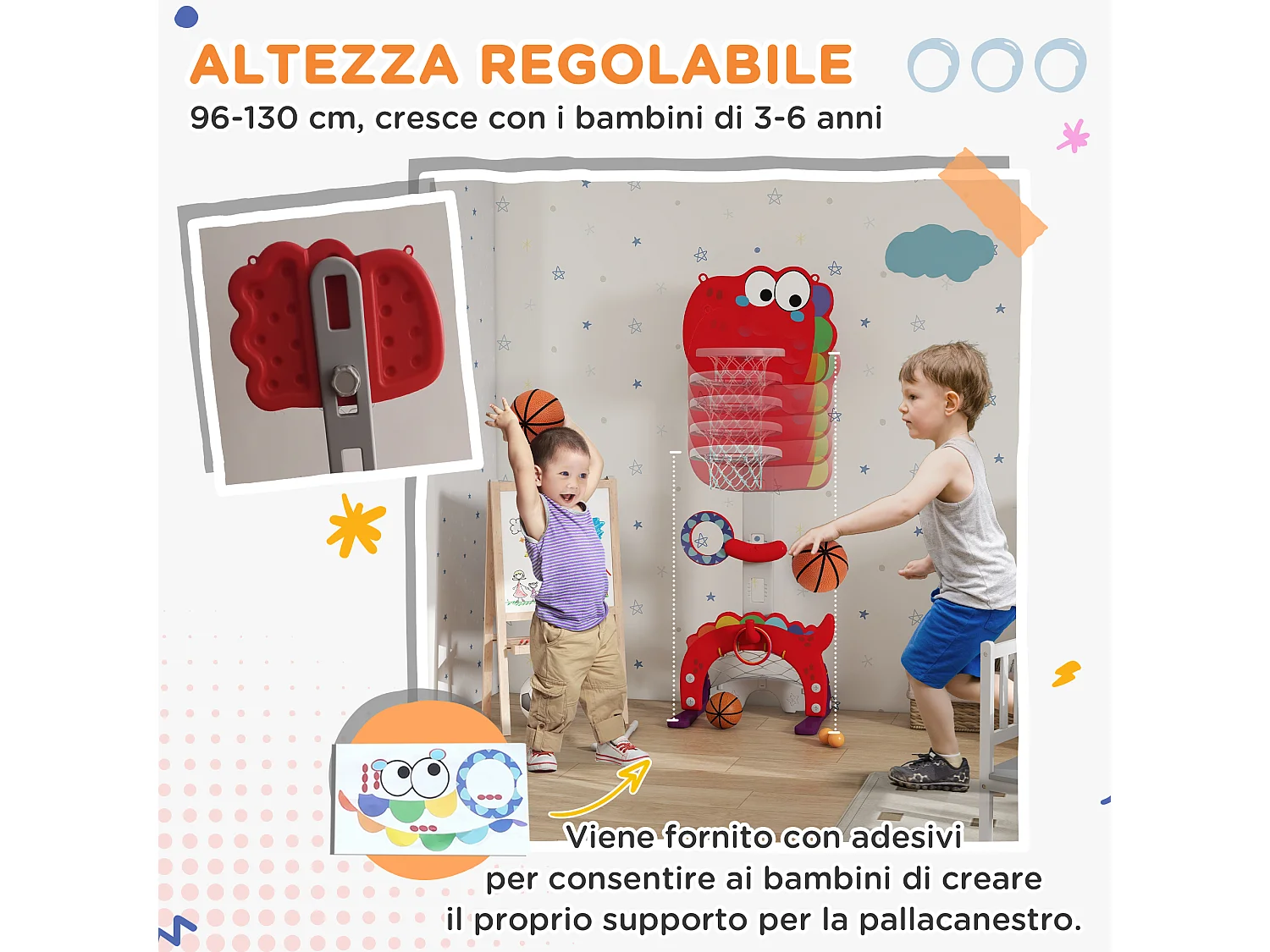Canestro basket per bambini 3-6 anni 5 in 1 altezza regolabile rosso