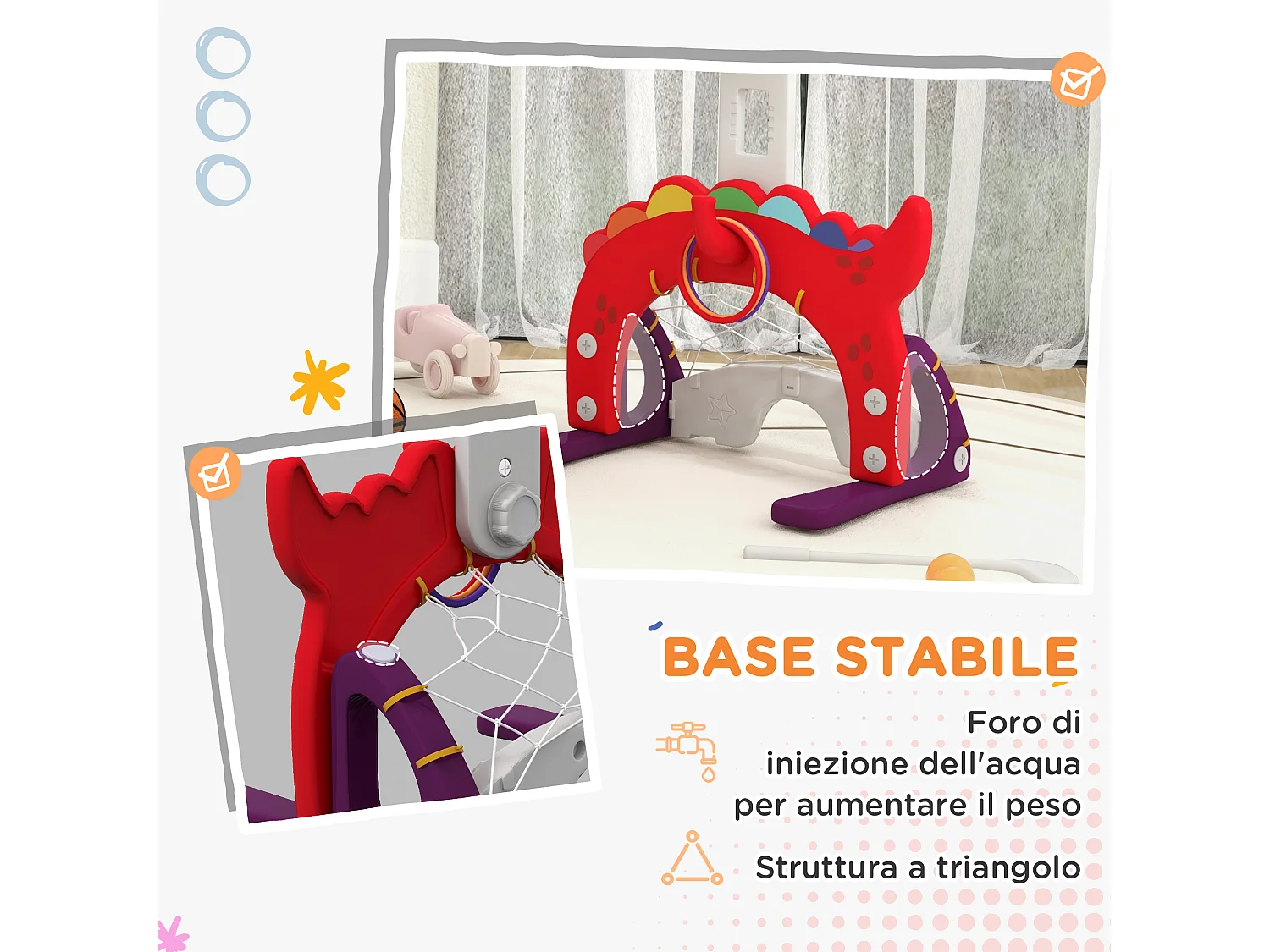 Canestro basket per bambini 3-6 anni 5 in 1 altezza regolabile rosso