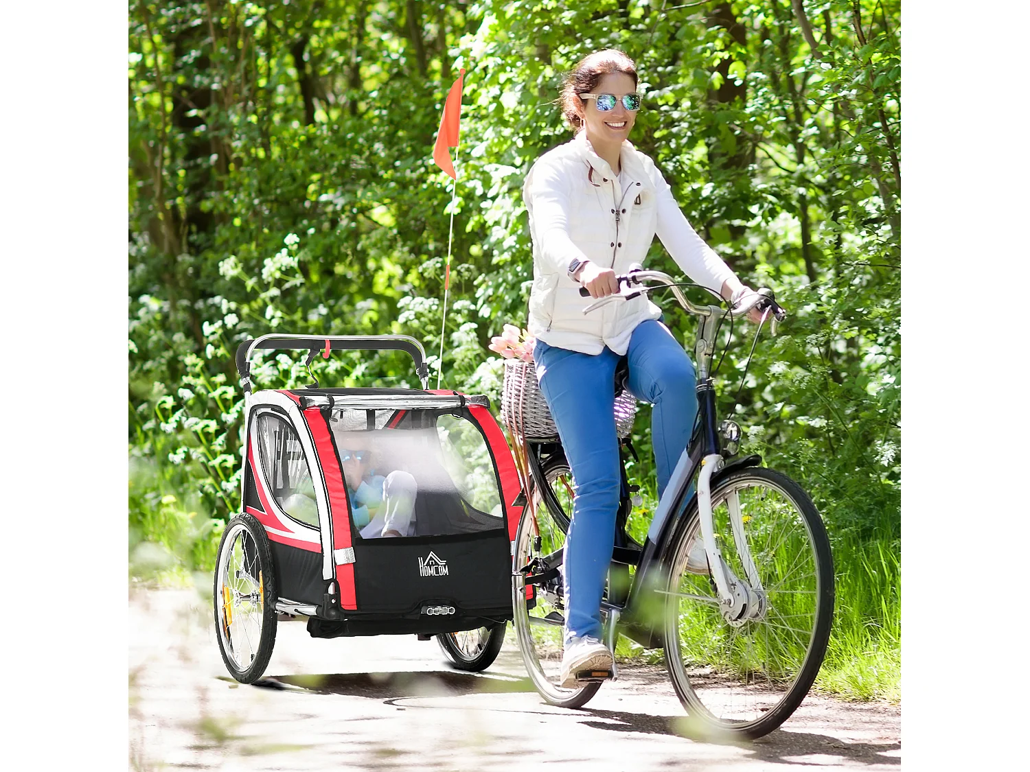 Rimorchio bici per bambini passeggino 2 posti cintura e tasche