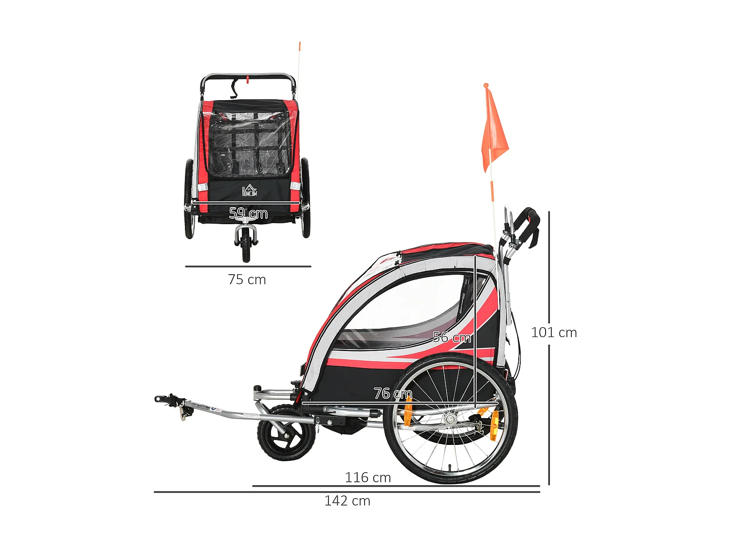 Rimorchio bici per bambini passeggino 2 posti cintura e tasche
