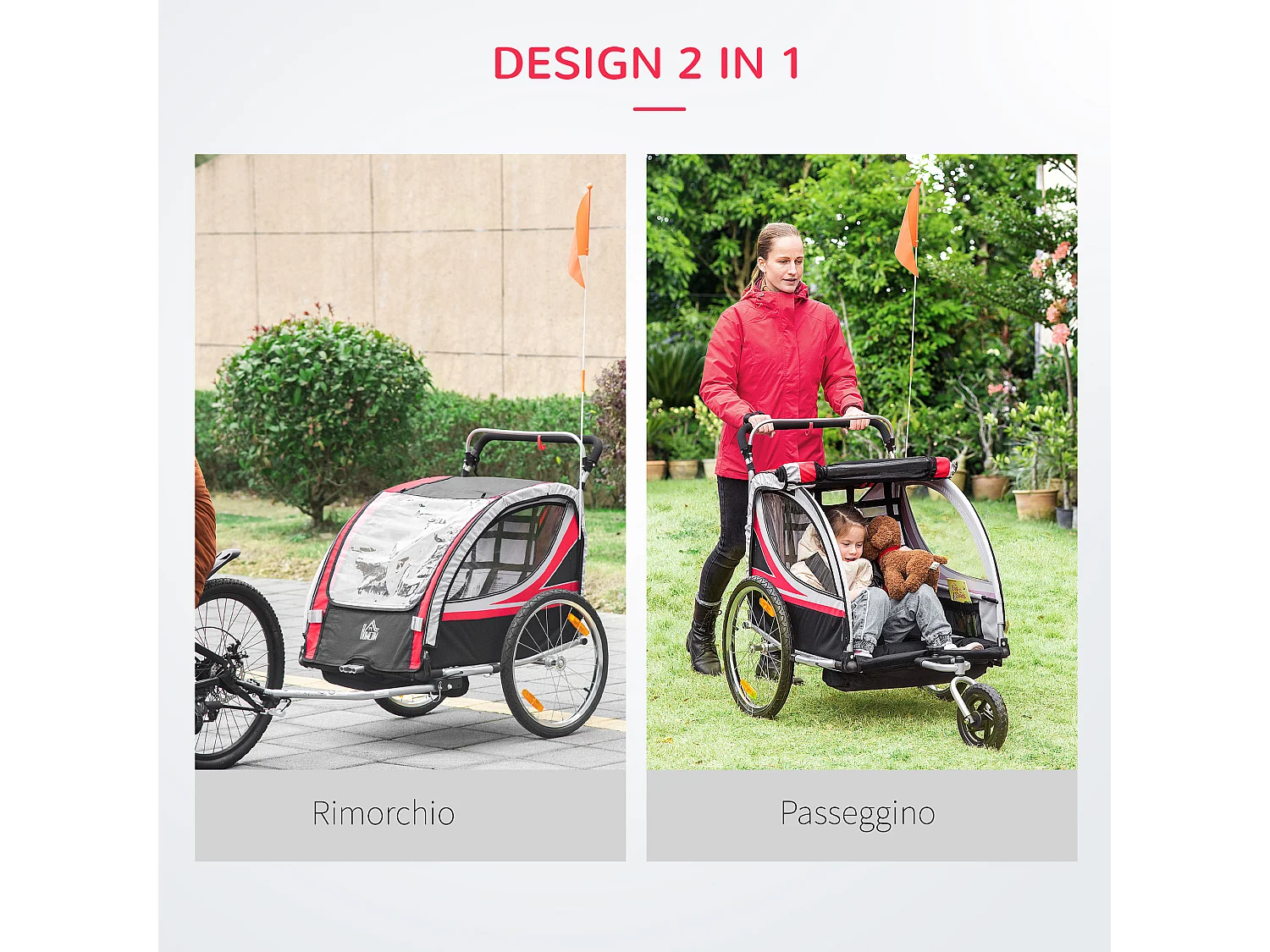 Rimorchio bici per bambini passeggino 2 posti cintura e tasche