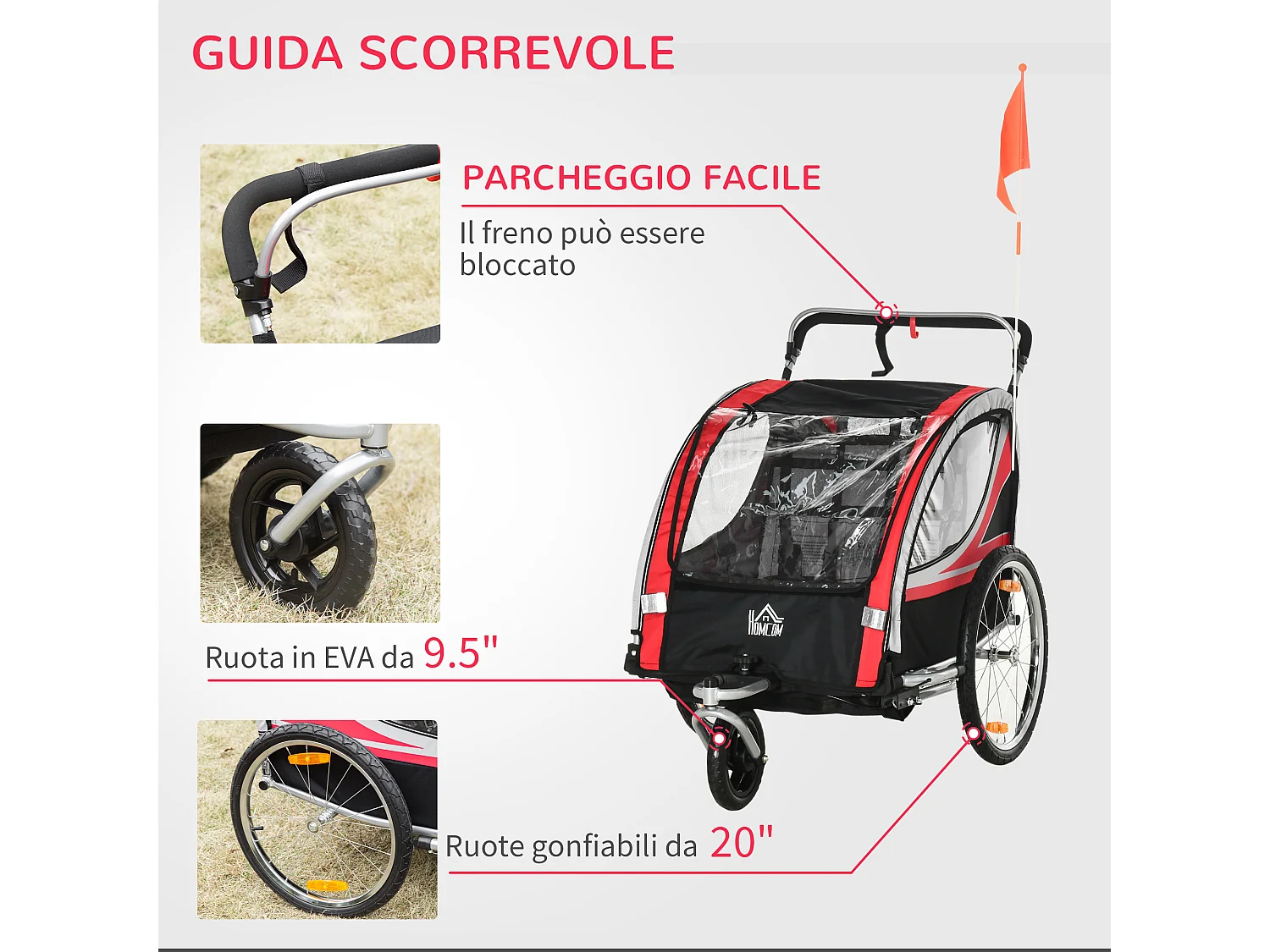 Rimorchio bici per bambini passeggino 2 posti cintura e tasche