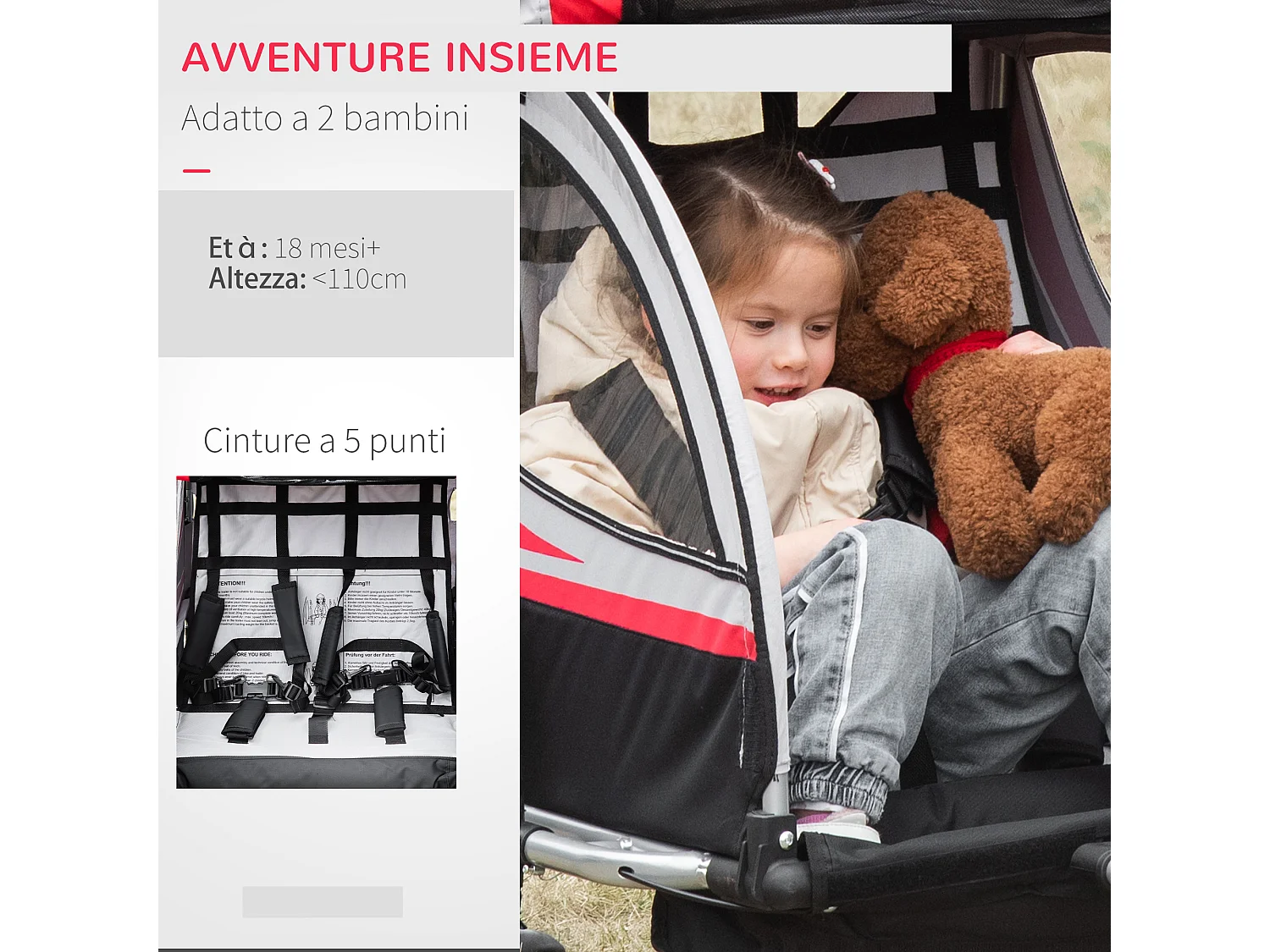 Rimorchio bici per bambini passeggino 2 posti cintura e tasche