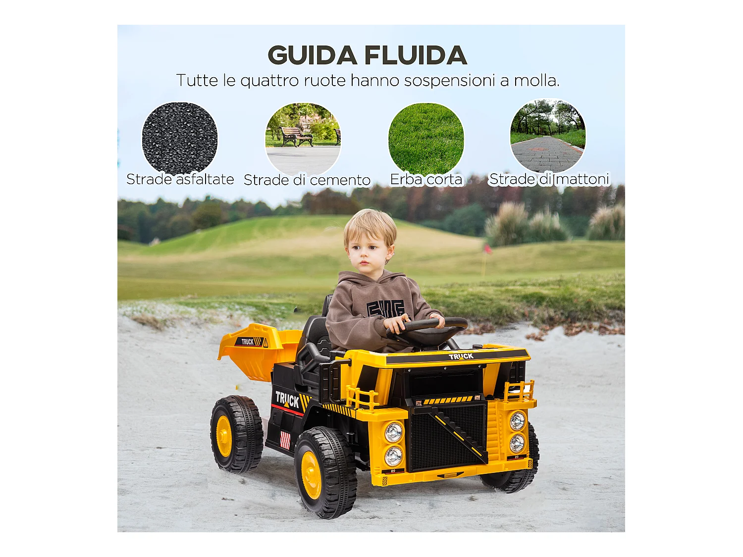 Camion per bambini 3-5 anni con motore 12v fari e musica giallo