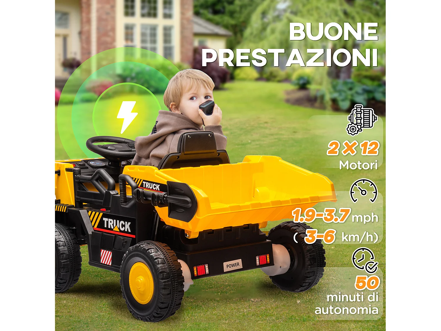Camion per bambini 3-5 anni con motore 12v fari e musica giallo