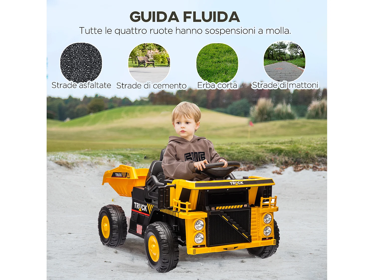 Camion per bambini 3-5 anni con motore 12v fari e musica giallo