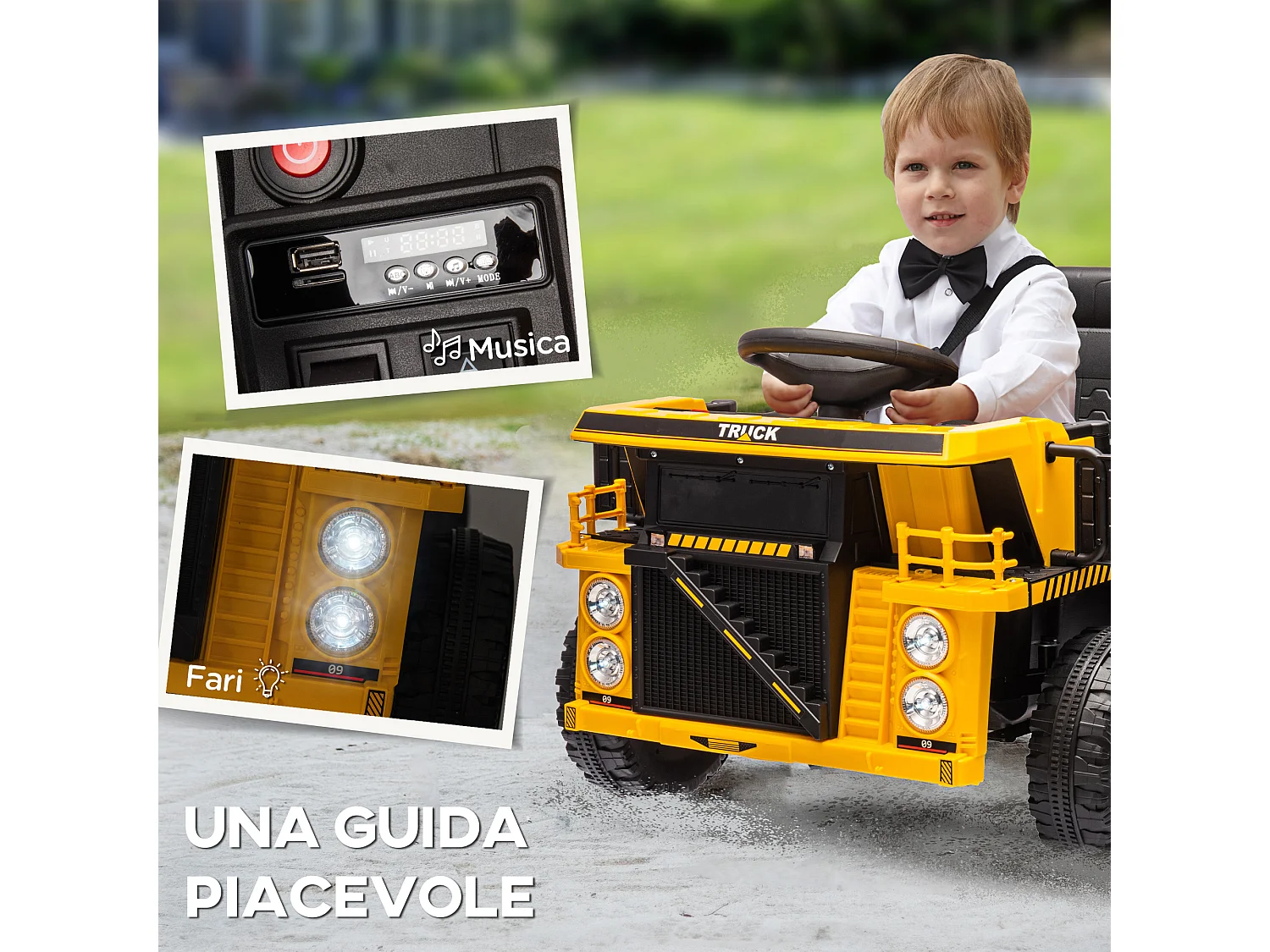 Camion per bambini 3-5 anni con motore 12v fari e musica giallo