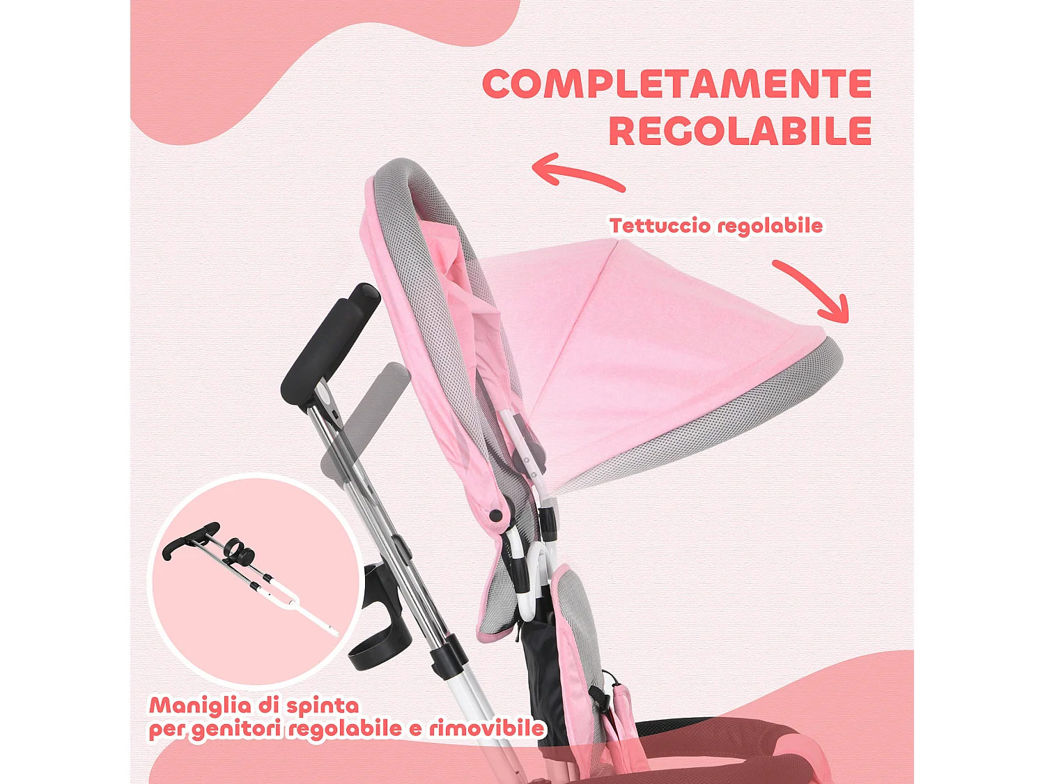 Triciclo passeggino con maniglione e tettuccio regolabile rosa
