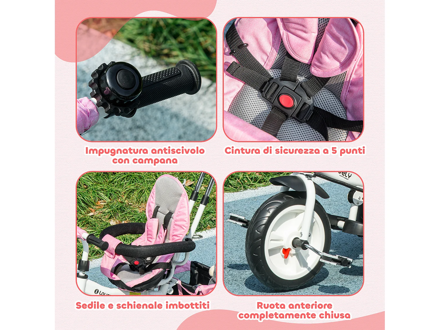Triciclo passeggino con maniglione e tettuccio regolabile rosa