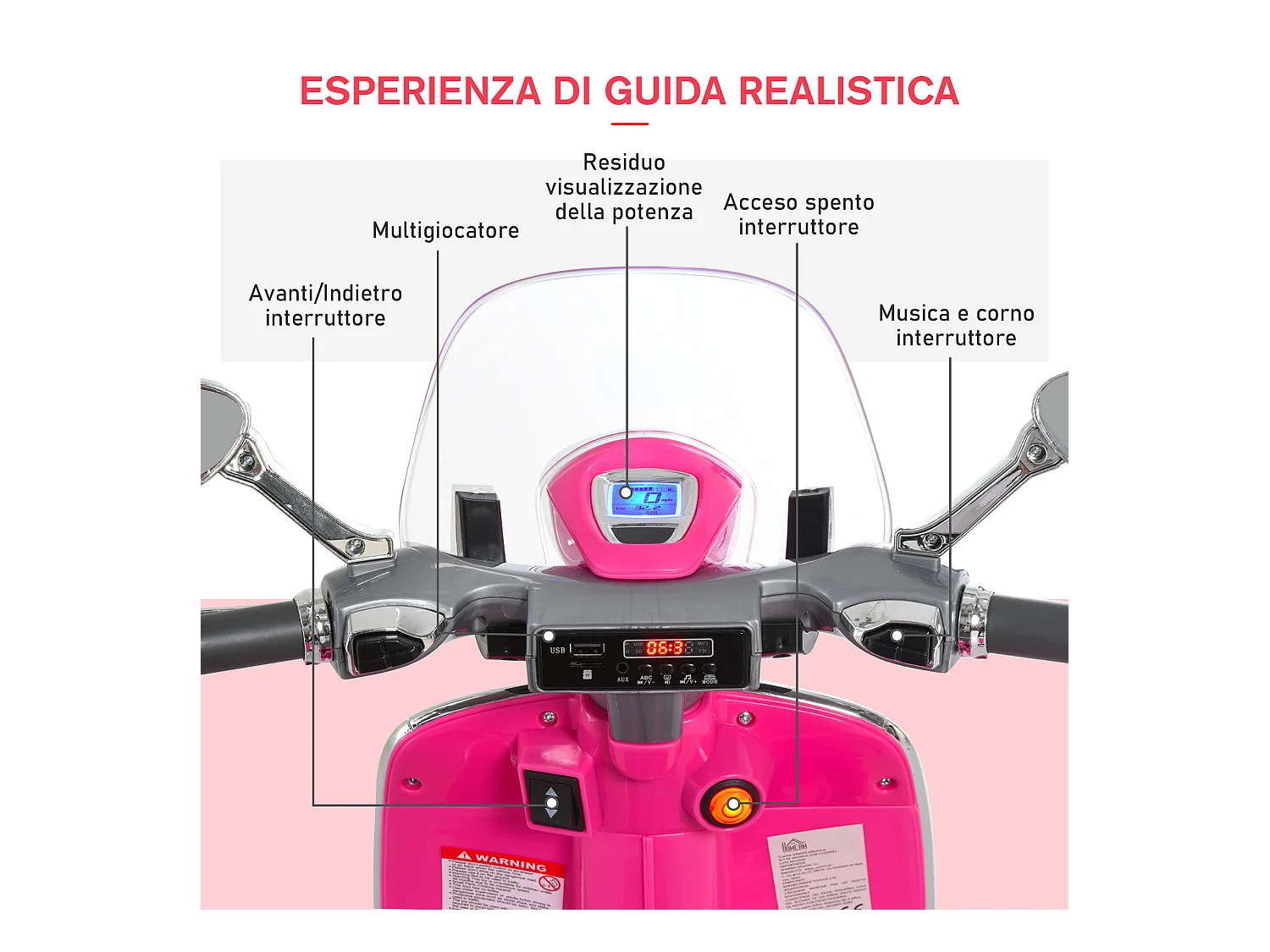 Moto elettrica per bambini con rotelle luci e suoni rosa