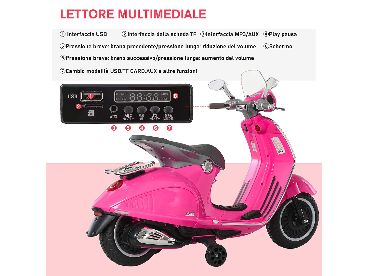 Moto elettrica per bambini con rotelle luci e suoni rosa
