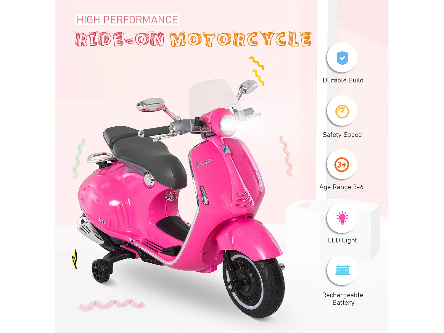 Moto elettrica per bambini con rotelle luci e suoni rosa
