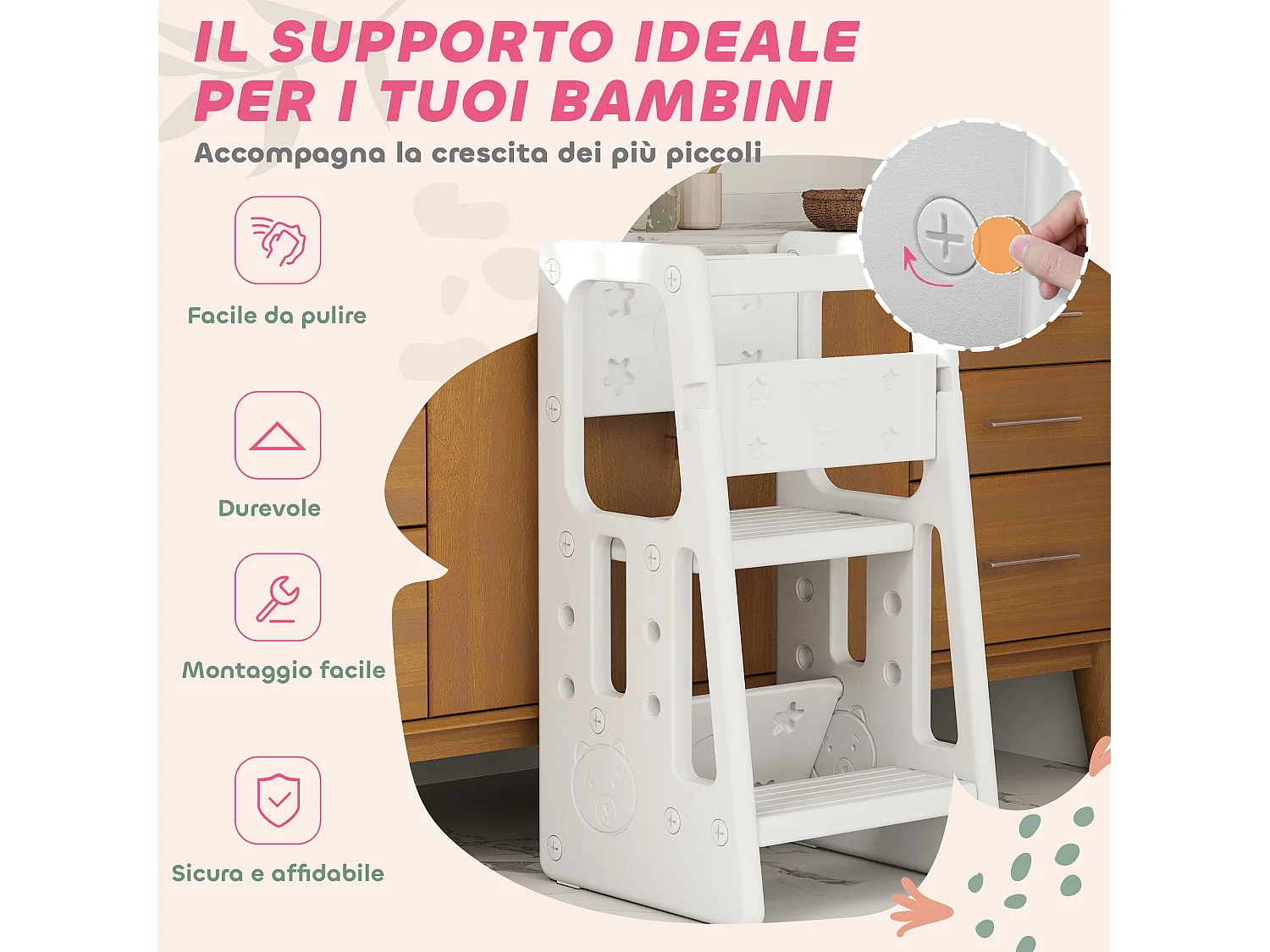 Scaletta per bambini a 3 altezze regolabili 47x47x90 cm bianco