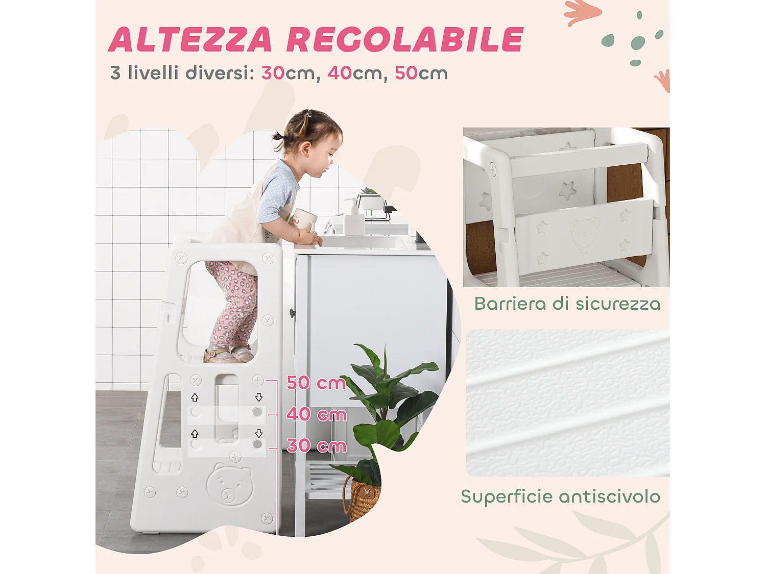 Scaletta per bambini a 3 altezze regolabili 47x47x90 cm bianco