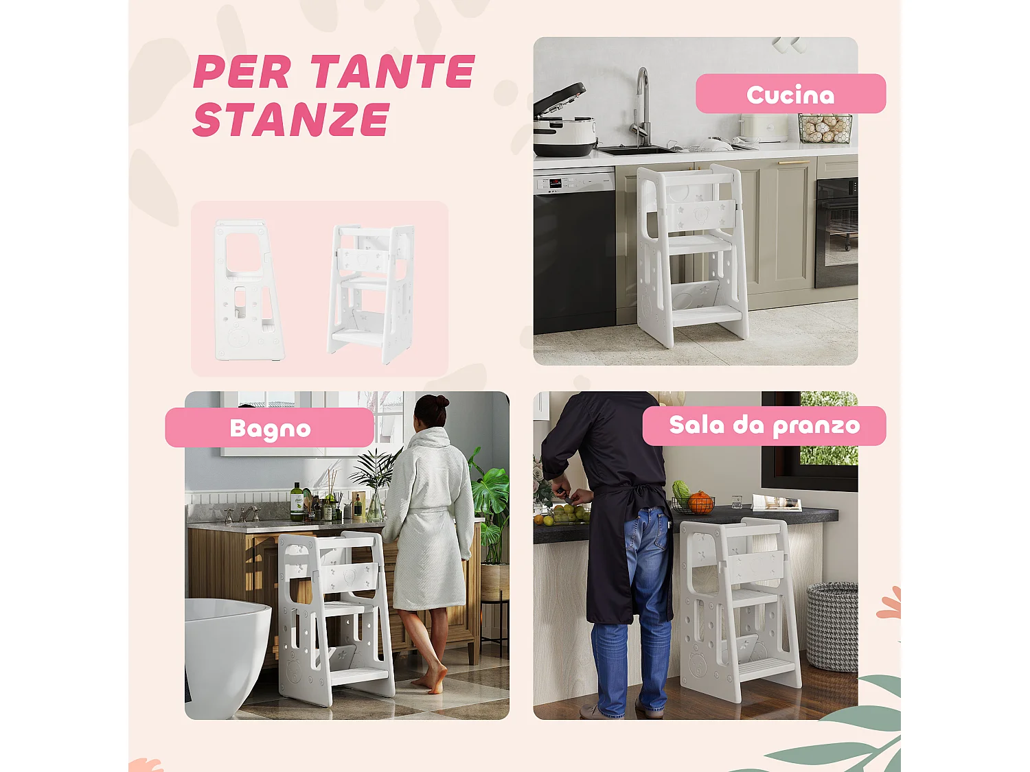 Scaletta per bambini a 3 altezze regolabili 47x47x90 cm bianco