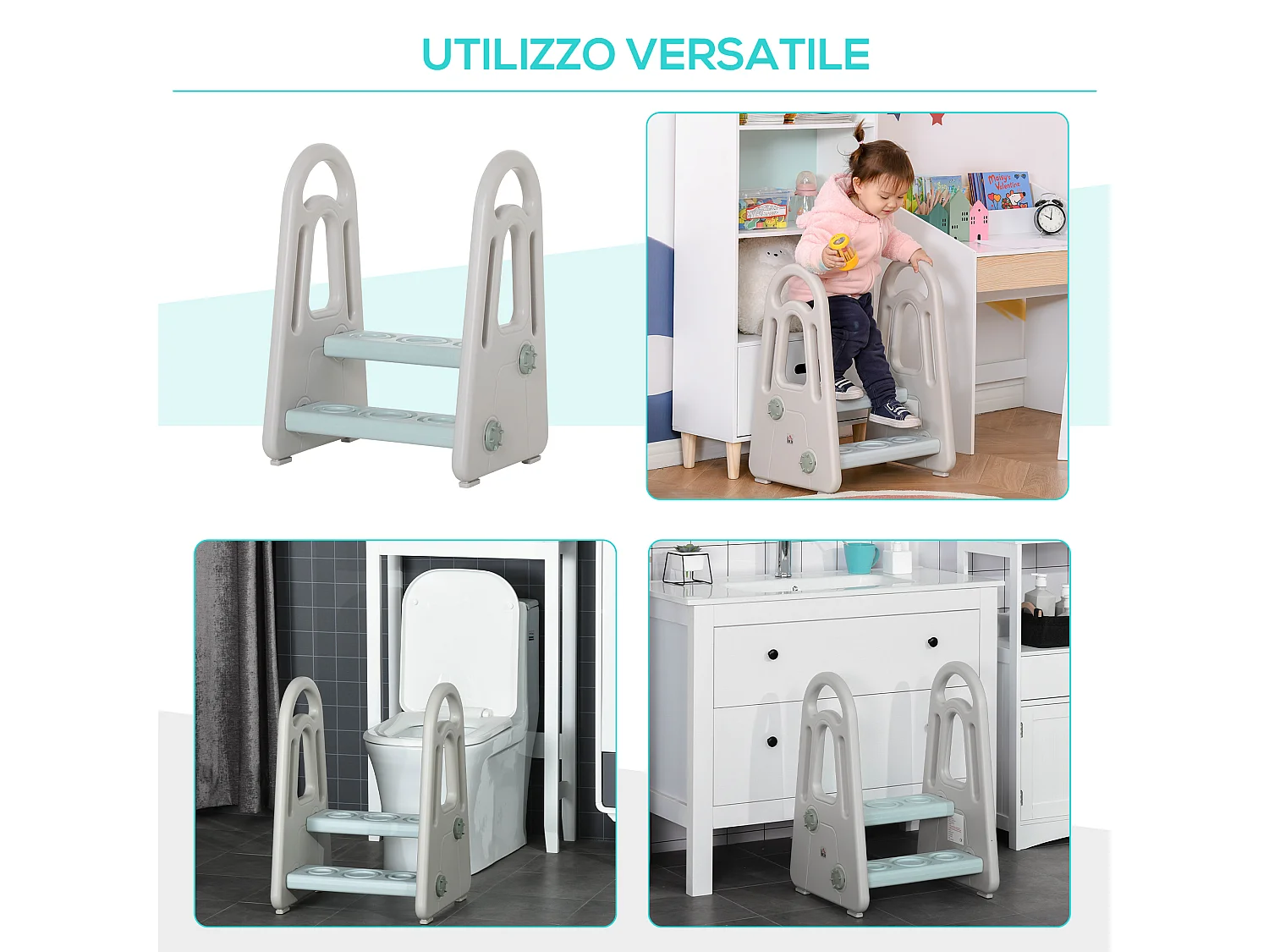 Sgabello per bambini 2-5 anni scaletta a 2 gradini blu e grigio