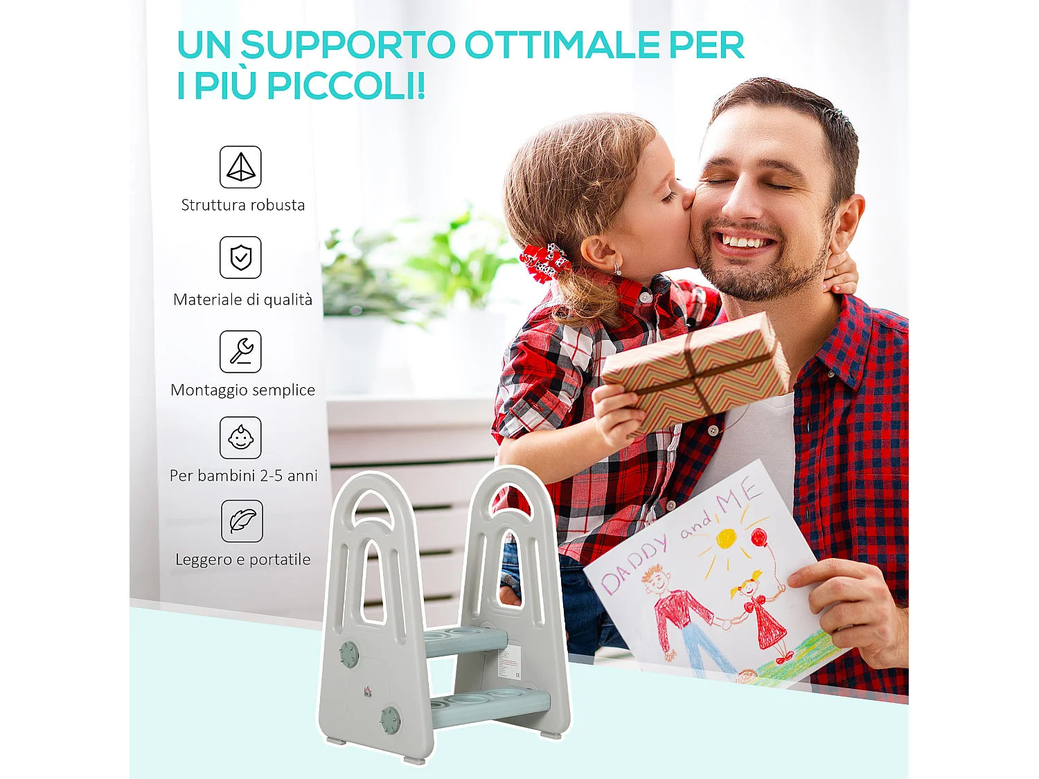 Sgabello per bambini 2-5 anni scaletta a 2 gradini blu e grigio