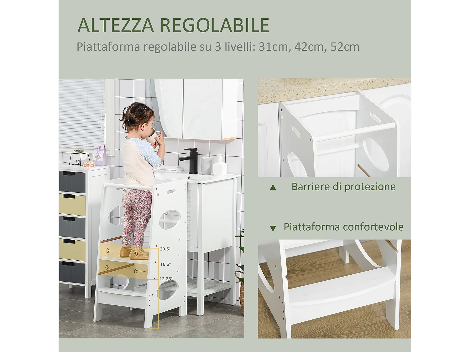 Torre montessoriana in legno learning tower altezza regolabile