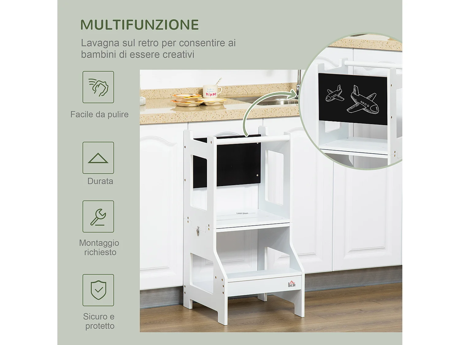 Scala montessori 2 in 1 bambini 3-6 anni con lavagna bianco