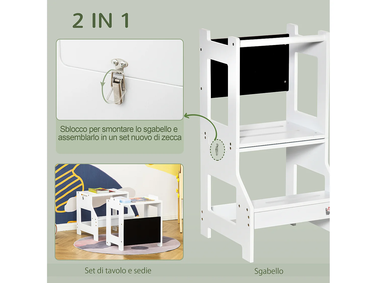 Scala montessori 2 in 1 bambini 3-6 anni con lavagna bianco