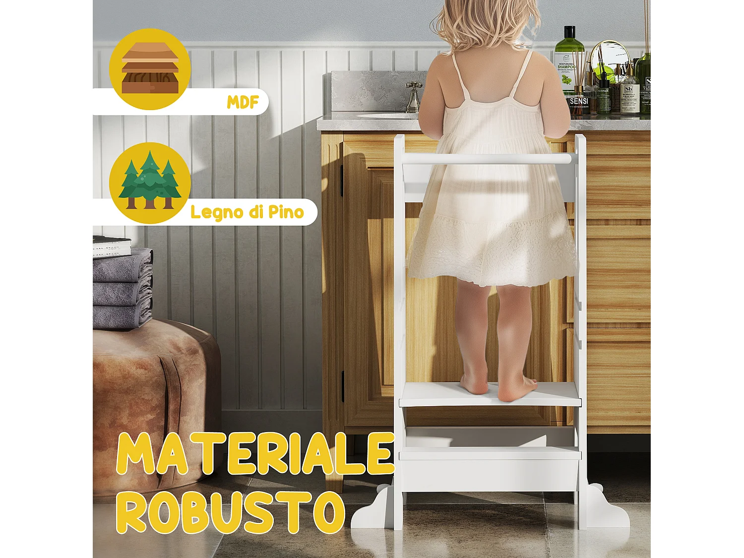 Scala montessori per bambini regolabile su 3 livelli in legno bianco