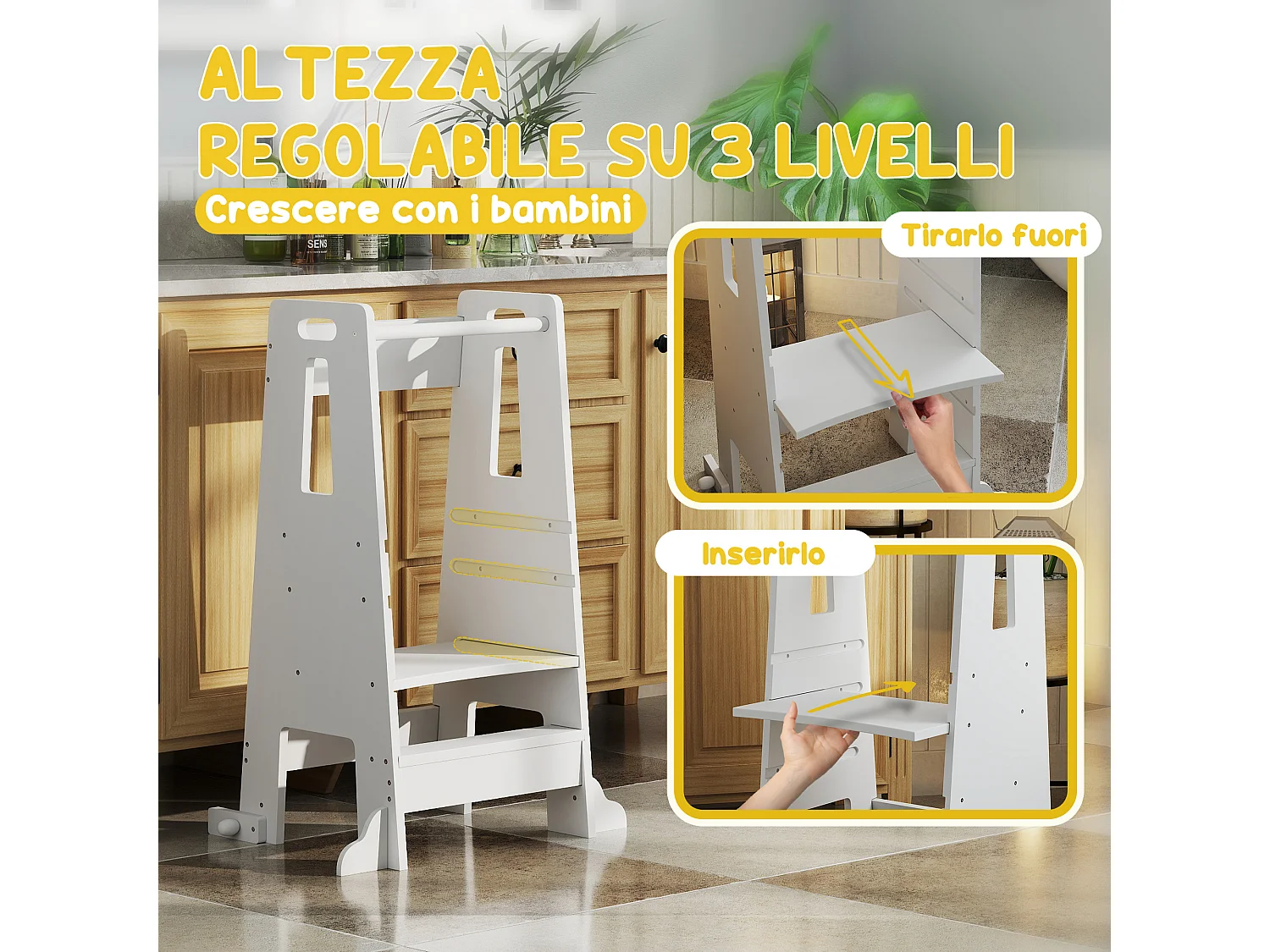 Scala montessori per bambini regolabile su 3 livelli in legno bianco