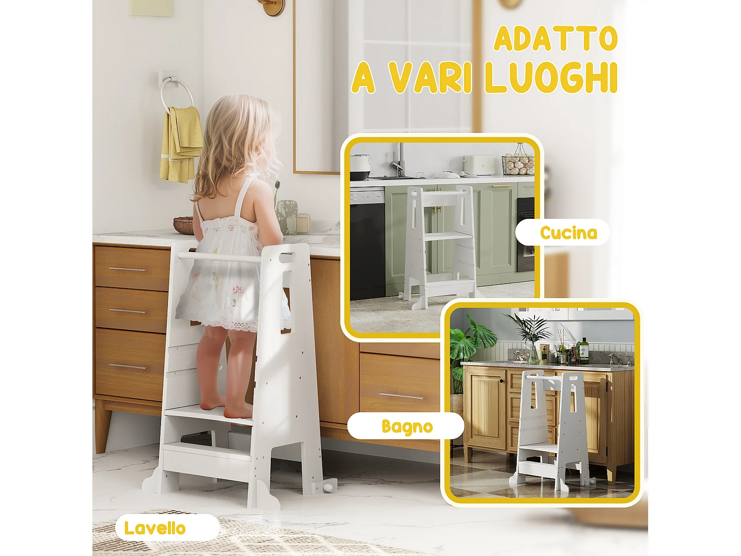 Scala montessori per bambini regolabile su 3 livelli in legno bianco