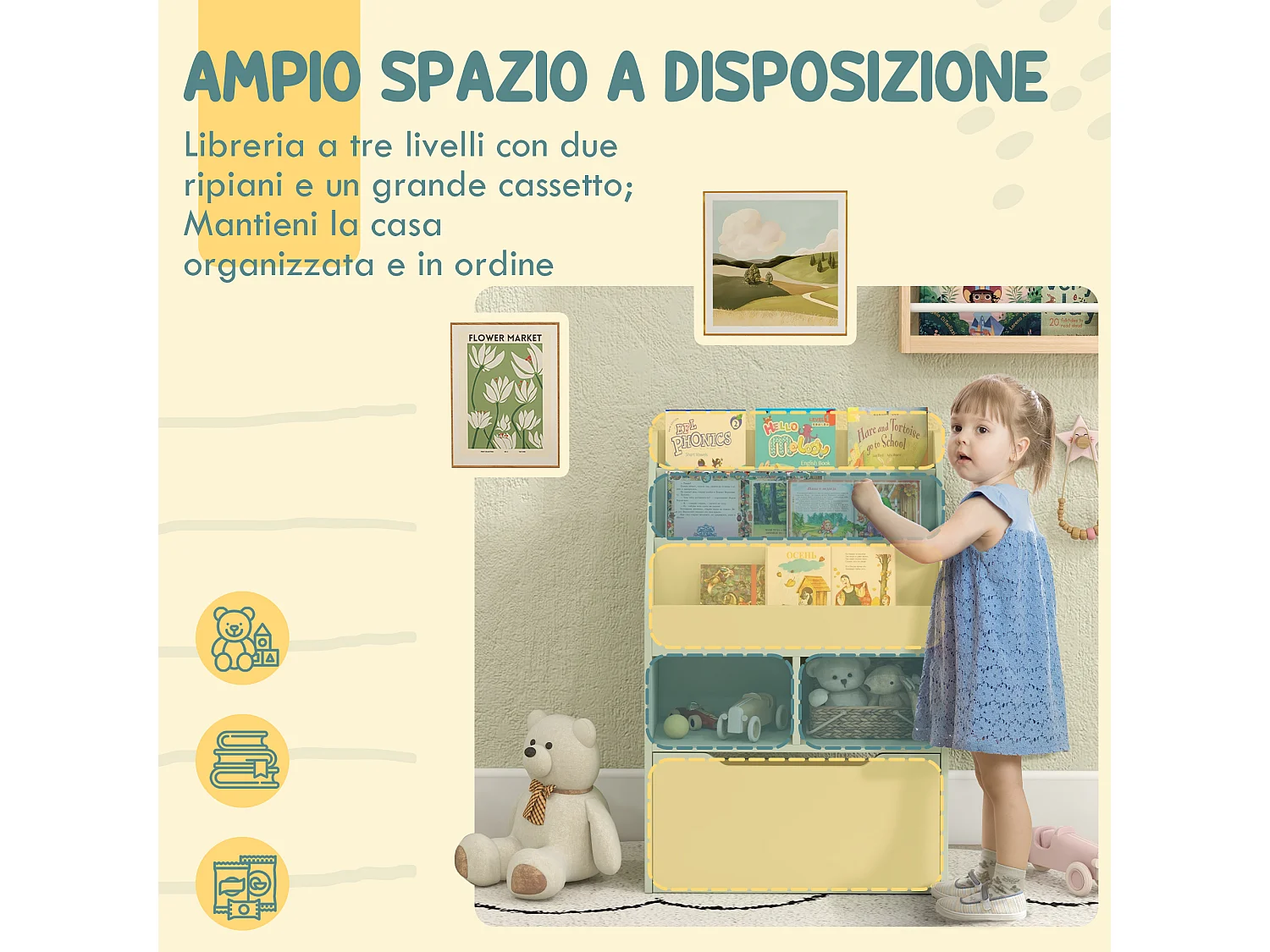 Piccola libreria per bambini con ripiani e cassetto in mdf verde