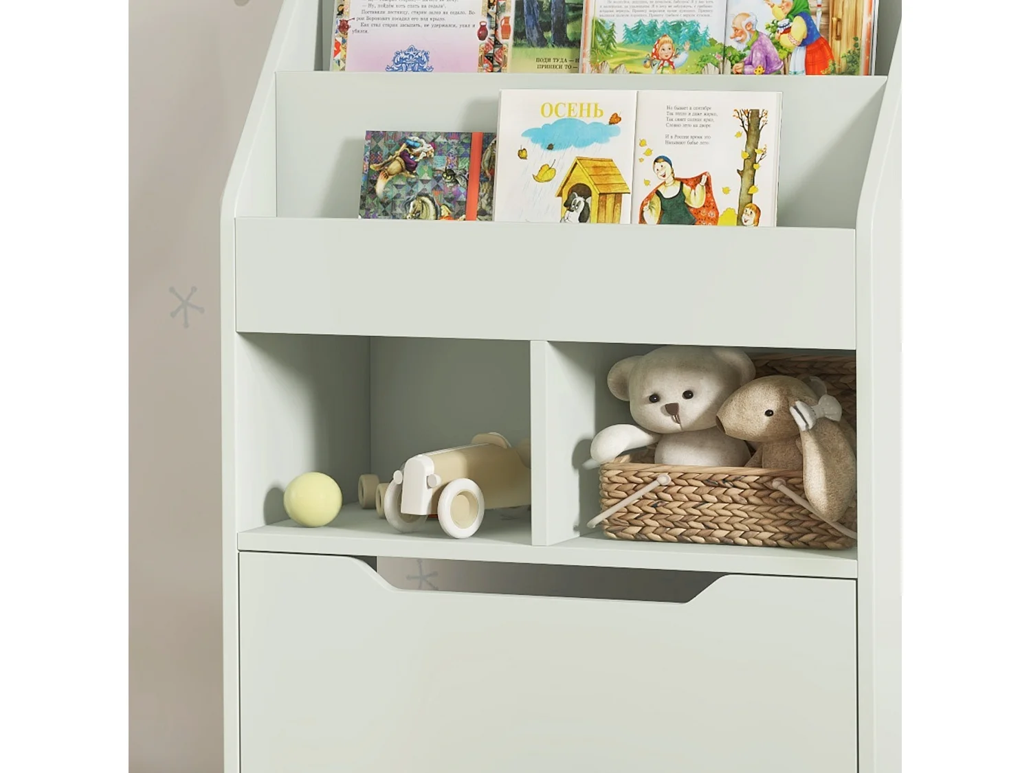 Piccola libreria per bambini con ripiani e cassetto in mdf verde