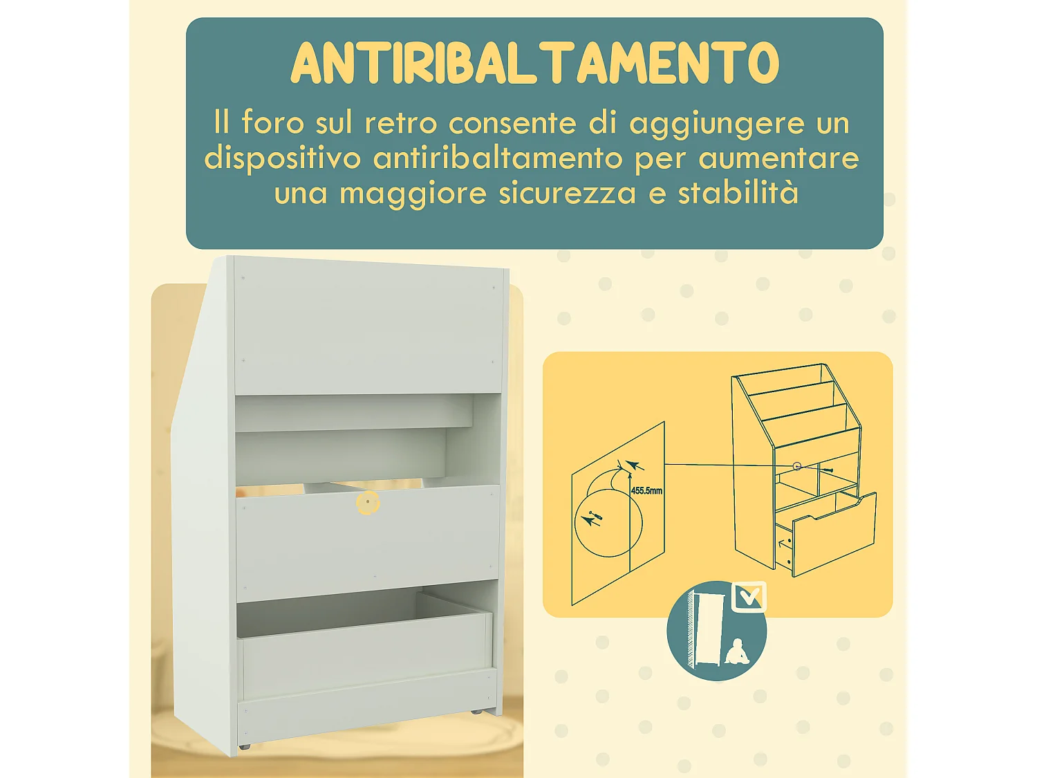 Piccola libreria per bambini con ripiani e cassetto in mdf verde