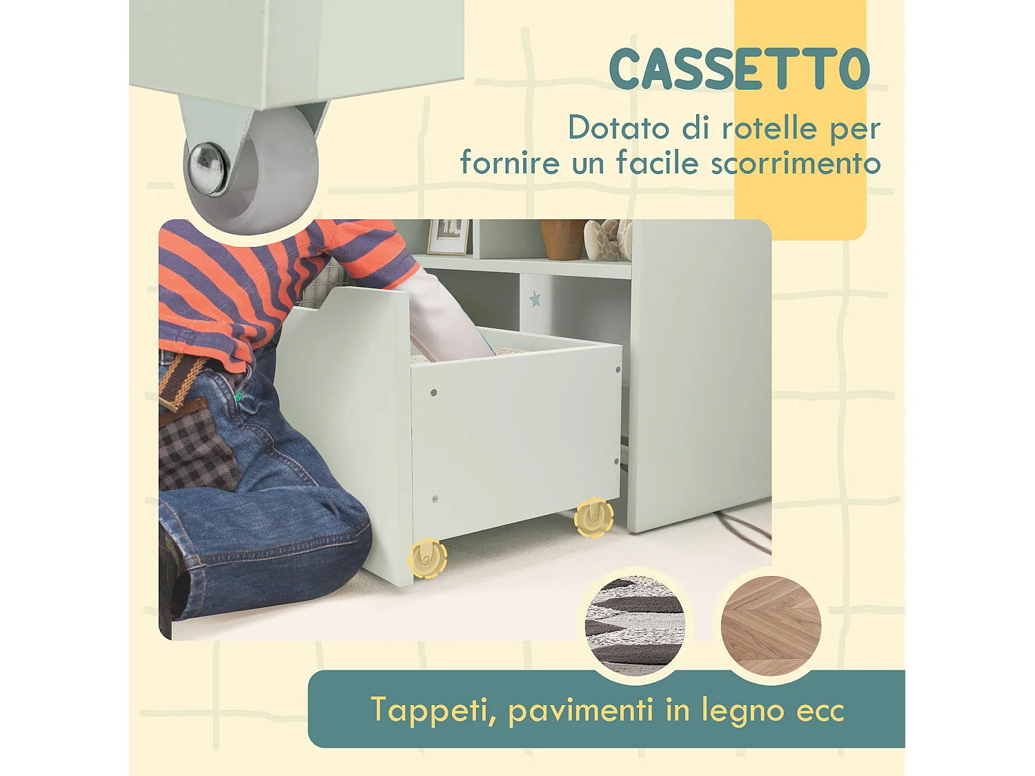 Piccola libreria per bambini con ripiani e cassetto in mdf verde