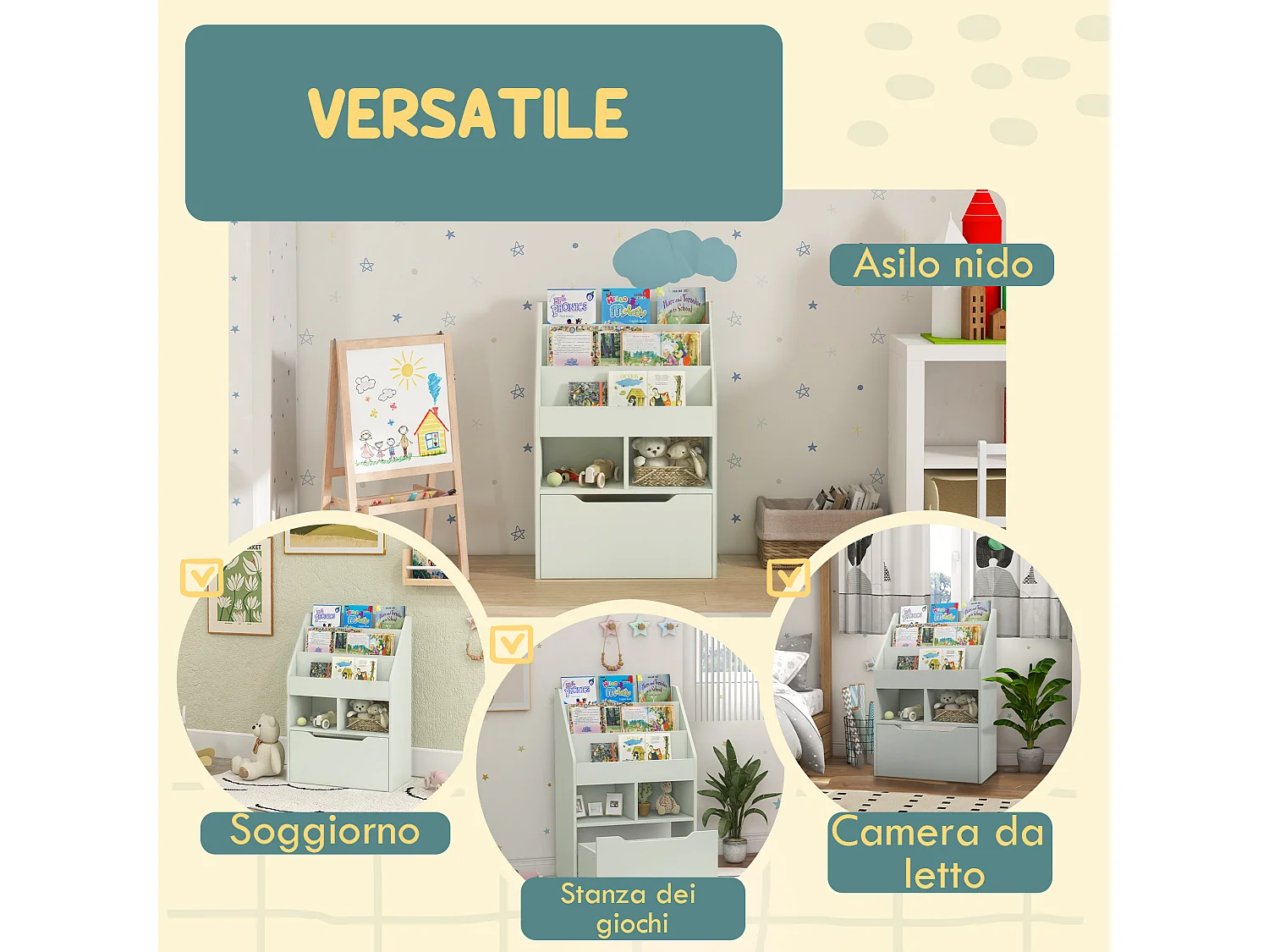 Piccola libreria per bambini con ripiani e cassetto in mdf verde