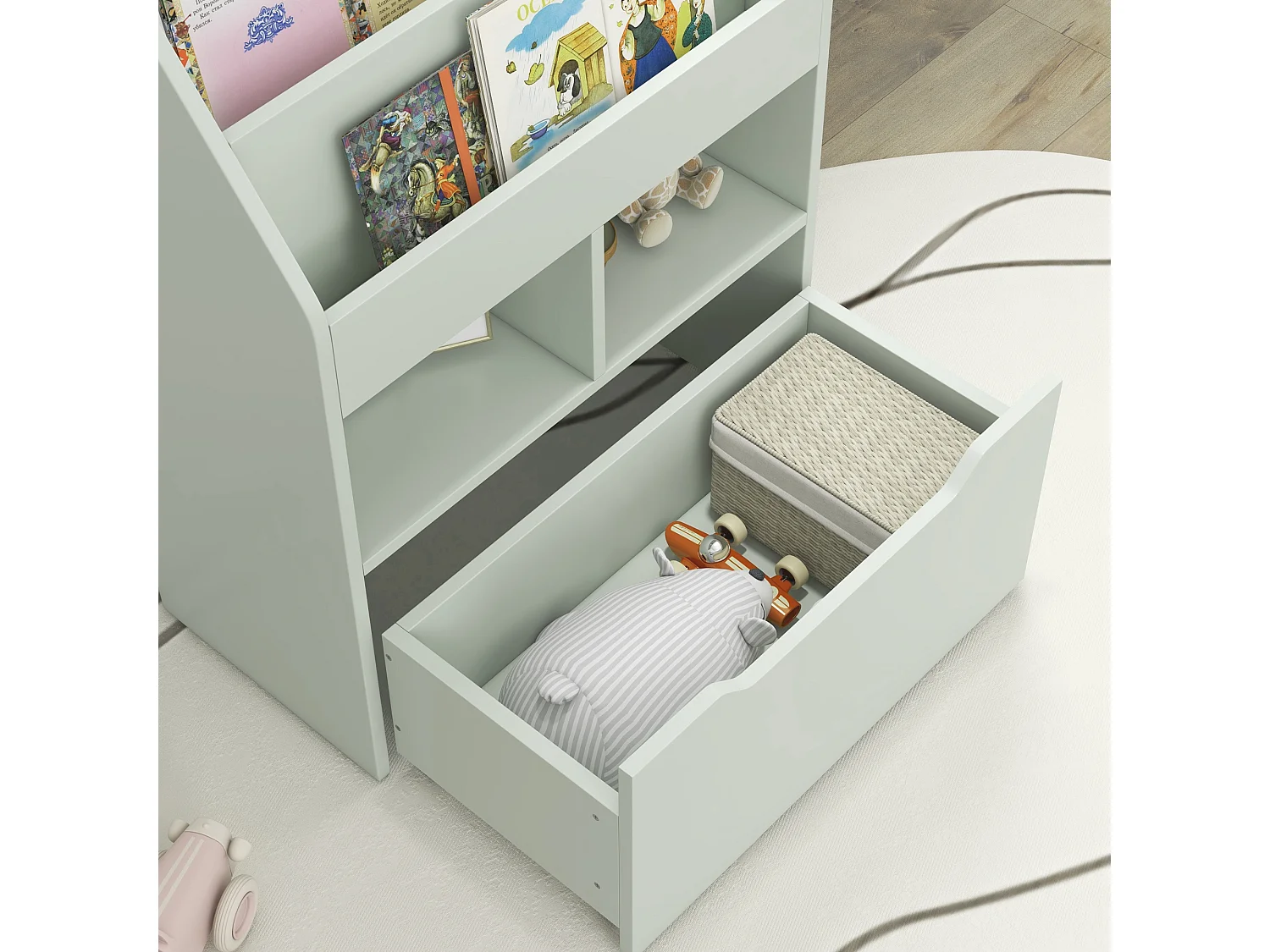 Piccola libreria per bambini con ripiani e cassetto in mdf verde