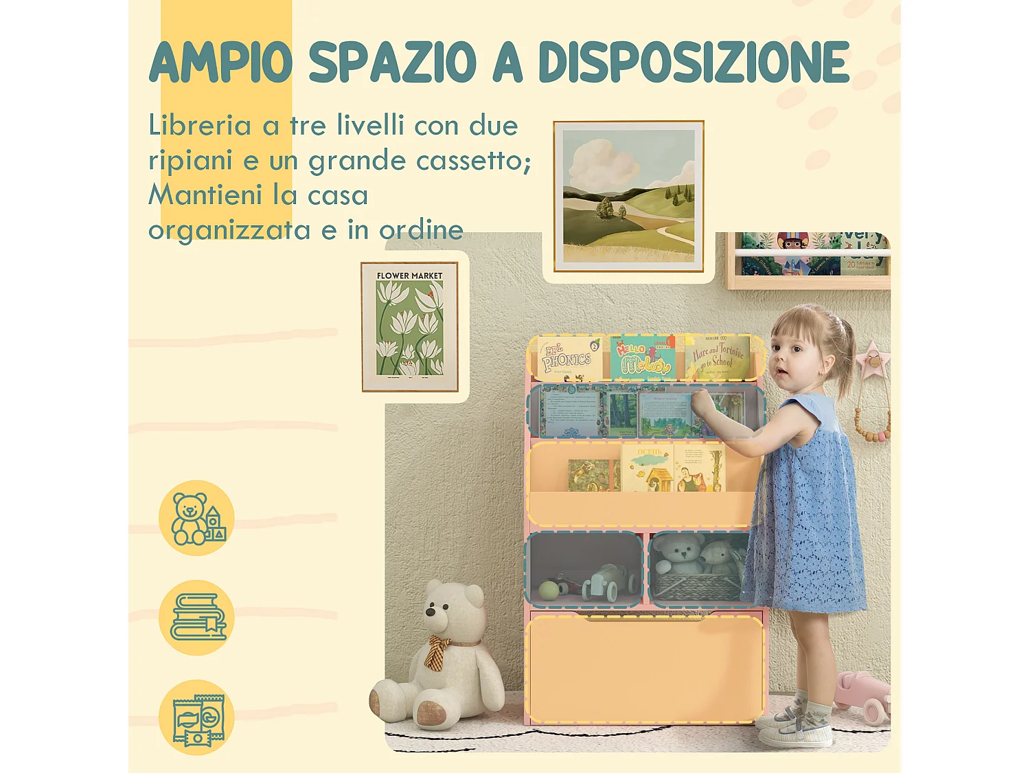 Piccola libreria per bambini con ripiani e cassetto in mdf rosa